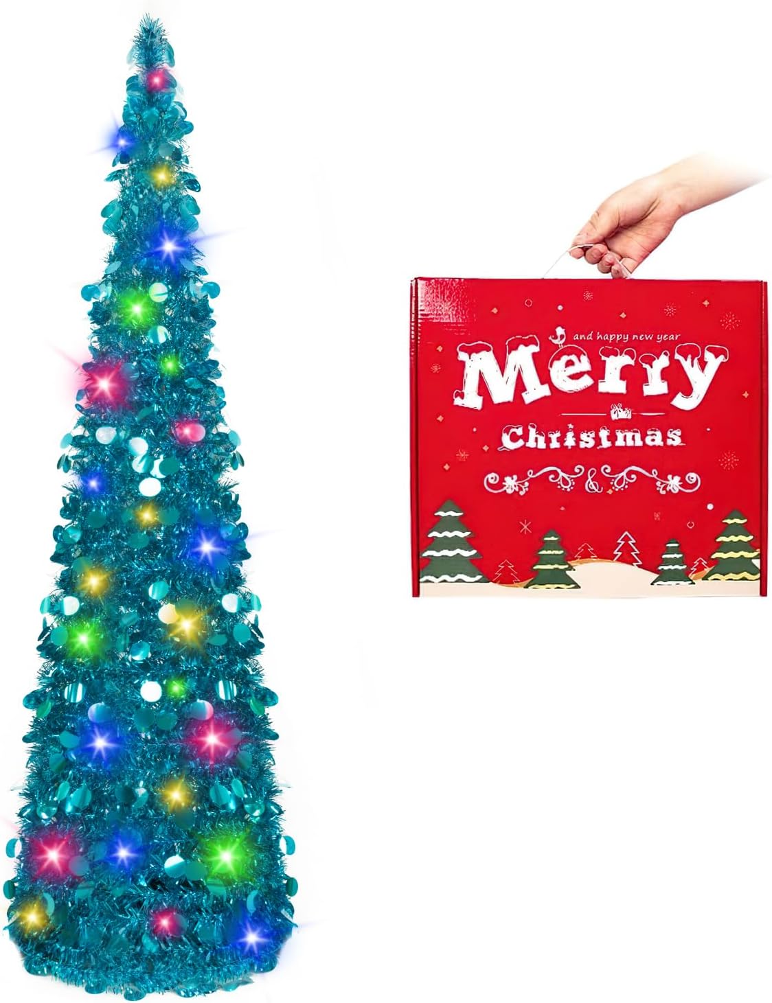 N&T NIETING Christmas Tree, 5ft Collapsible Pop Up Christmas Tree Blue Tinsel Coastal Christmas