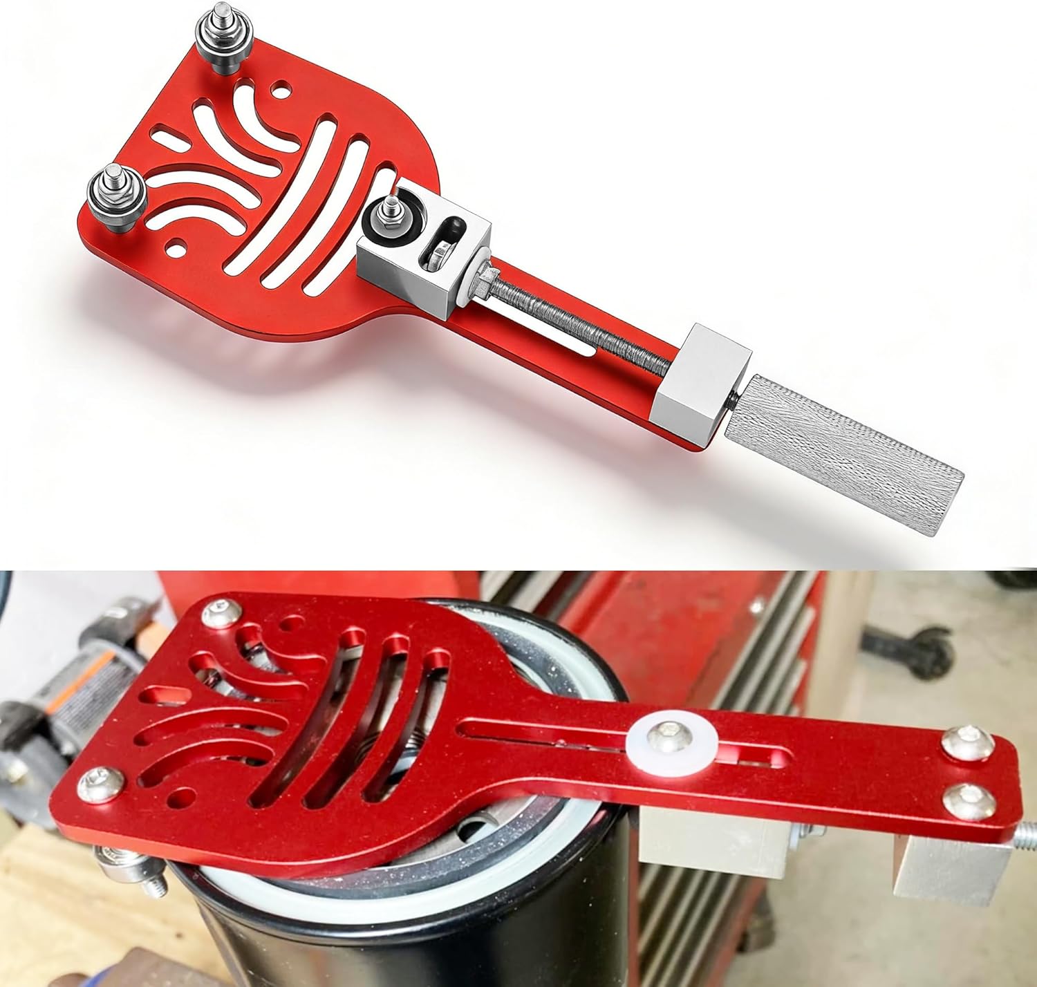 77750 Oil Filter Cutter, Oil Filter cutting tool for Adjustable cut range 2-3/8"-5", with a spare cutting blade for car, truck, motorcycle, lawn mower, airplane, Universal fit, Aluminum, red