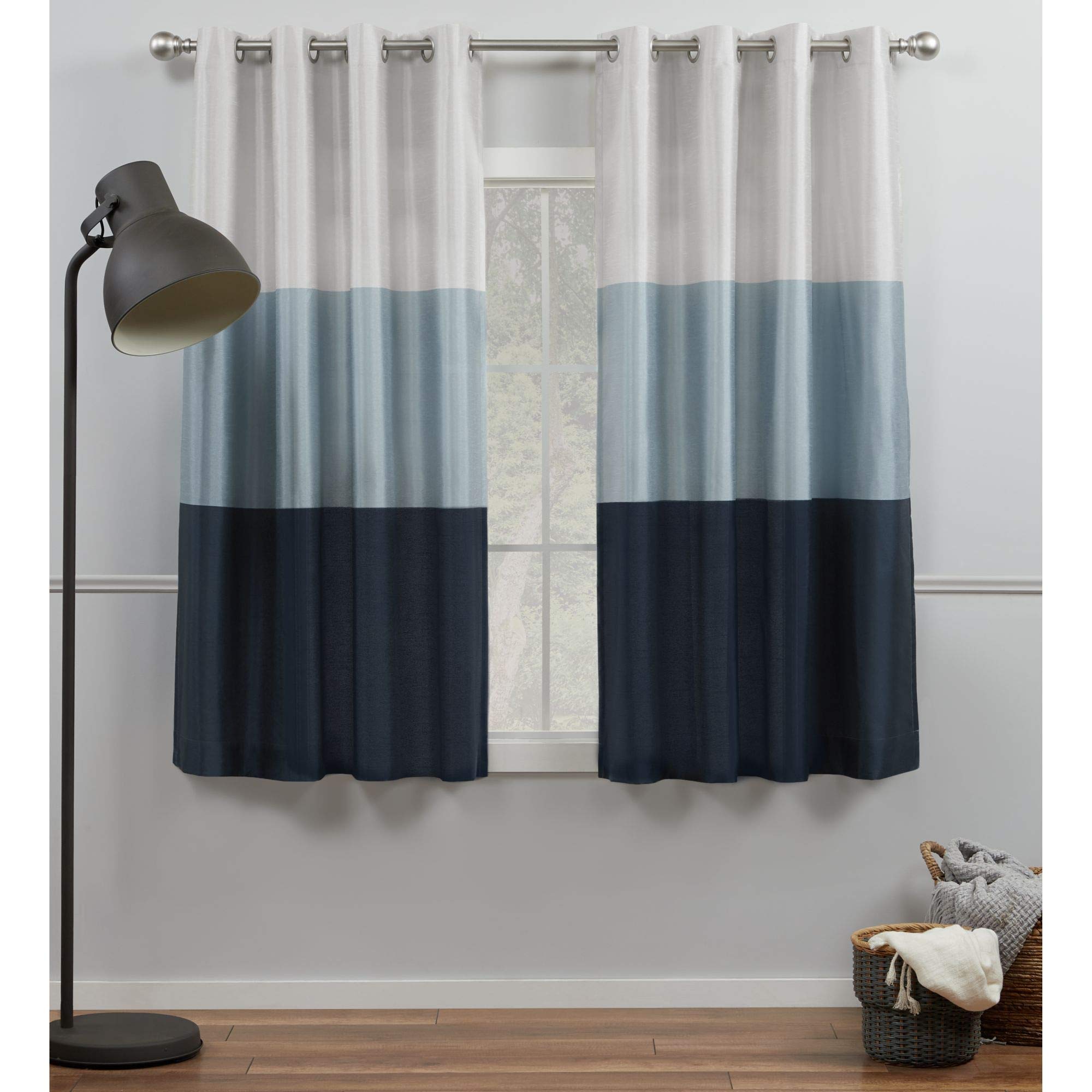 EXCLUSIVE HOME Chateau Striped Faux Silk Grommet Top Curtain Panel Pair, 54"x63", Indigo
