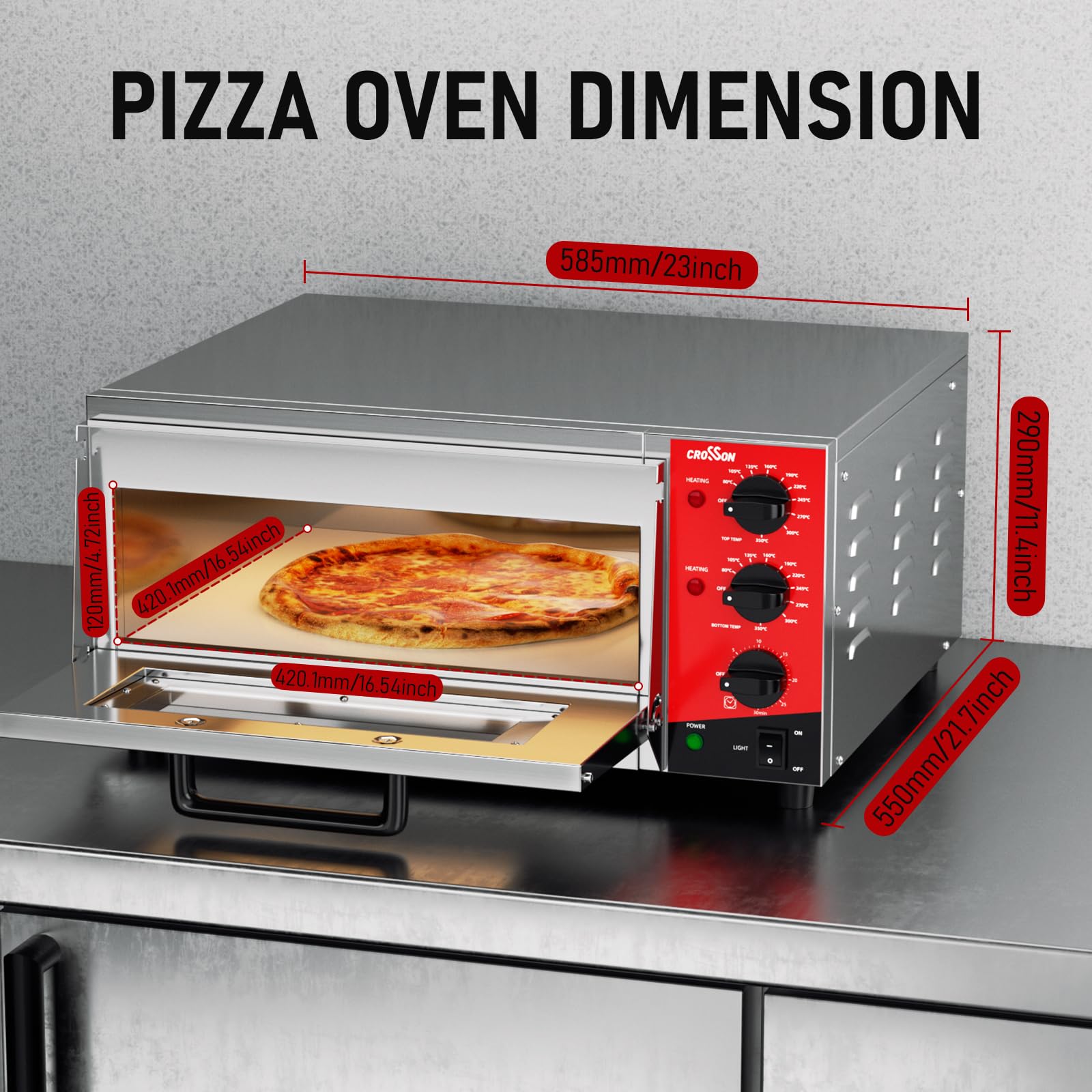 CROSSON Forno Elettrico per Pizza 16 Pollici,Forno Pizza Elettrico Professionale in Acciaio Inox 230V/2000W con Pietra e Maniglia,per Interni Ristorante Cottura Casa Cucina