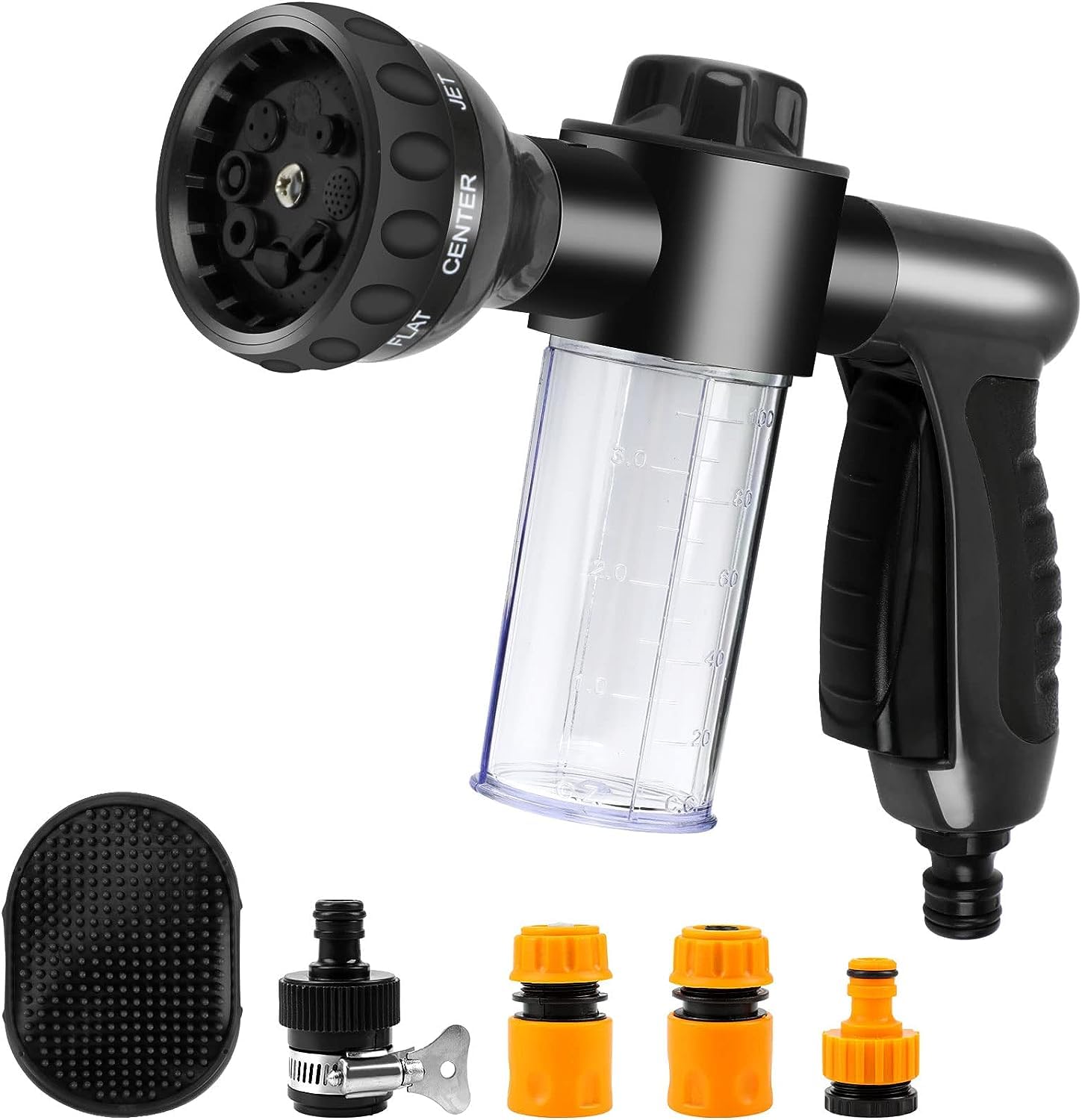 6-Piece Pet Bath Tool Set Includes Hose Nozzle Livestock Foamer Soap Dispenser with Connector and Dog Rubber Grooming Brush for Pet Shower Dog Bath Sprayer (Black)