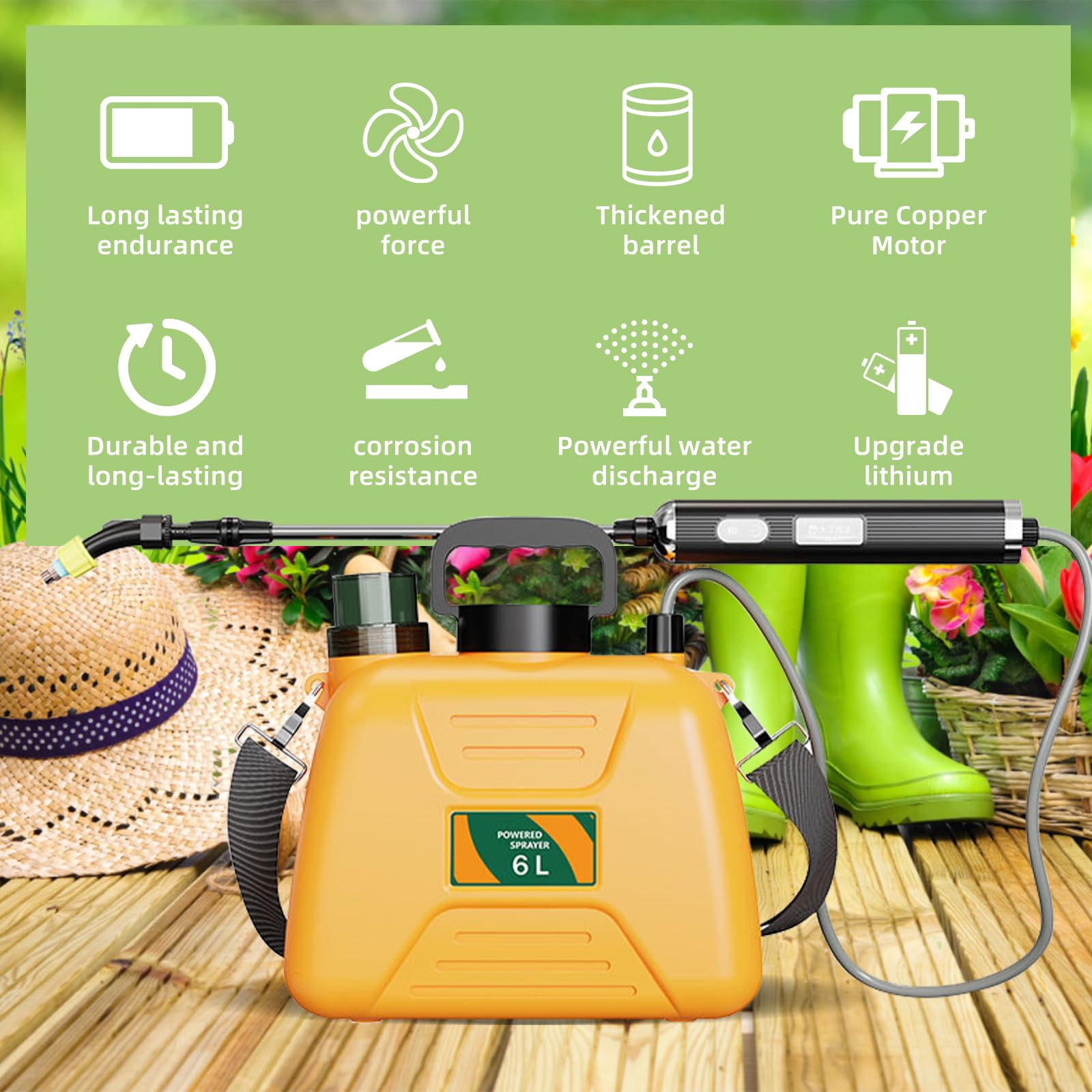 Spruzzatore a pressione a batteria da 6 l, con lancia e 3 ugelli regolabili per la schiena con batteria agli ioni di litio da 4000 mAh, per giardino/cantina/prato (arancione)
