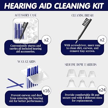 Hearing Amplifier Accessories Kit, Compatible with Audien Hearing Amplifier Cleaning Tools, Includes 6 Sizes Silicone Dome, Cleaning Brush and Screwdriver, Wax Guards, Carrying Case(16 Pcs)