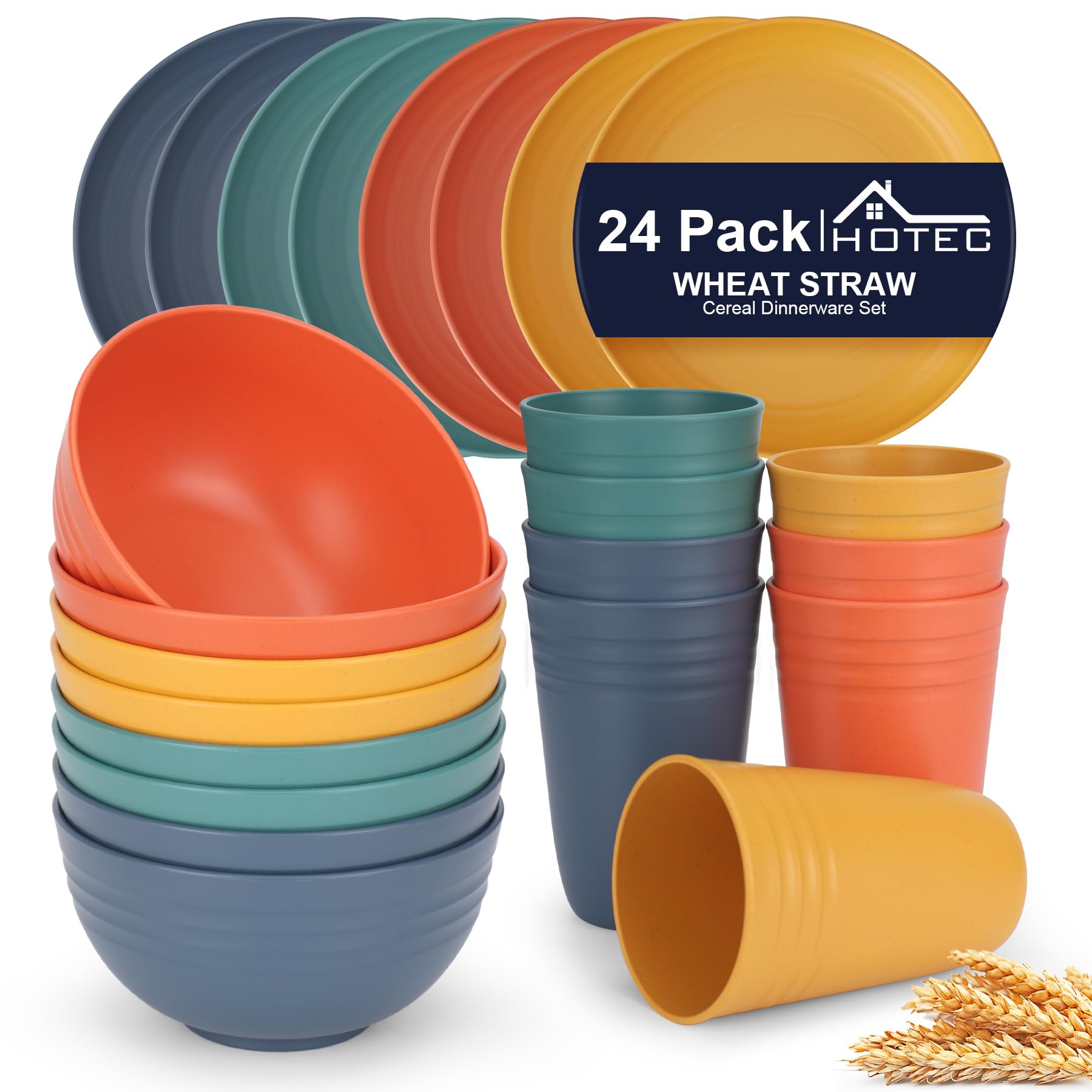 HOTEC 24-Pack Wheat Straw Plastic Dinnerware Set, Multicolor