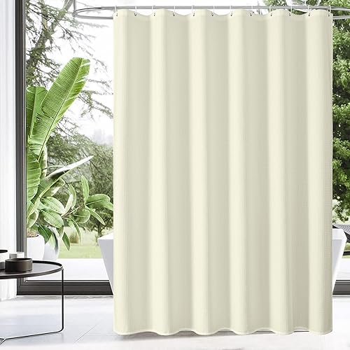 Miniatura 8 de MitoVilla Cortina de ducha de punto gofre beige para decoración de baño rústica de otoño, cortinas de ducha de tela de gofre marrón tostado, cortina