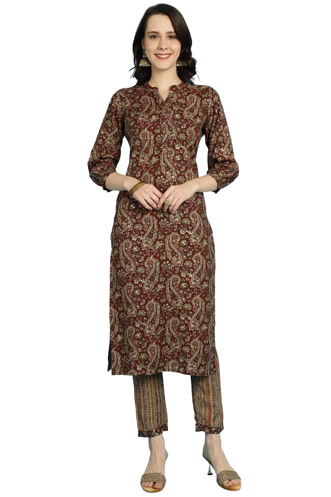 Rajnandini Womens Maroon Beige Rayon Jaipuri Printed Kurta With Pant JOPLJPR507-P