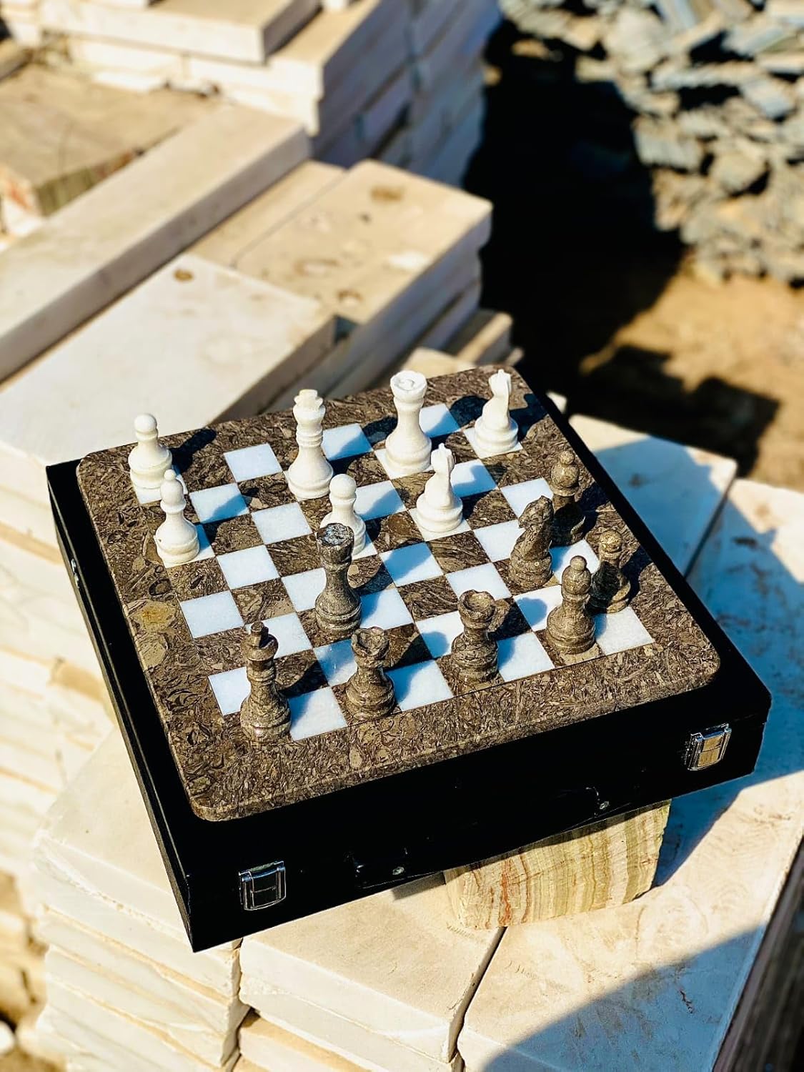 15 Inch Marble Chess with 32 Pieces, Packed in Rexine Box (Grey White)