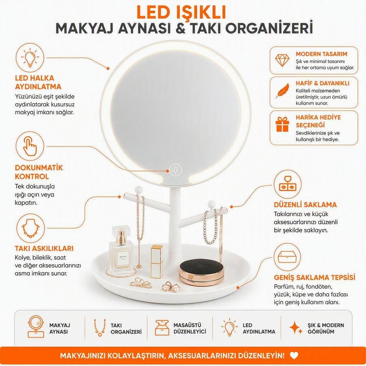 LED Işıklı Makyaj Aynası 3 Modlu USB Şarjlı Beyaz Yuvarlak Taşınabilir Açı Ayarlı Güzellik Ayna