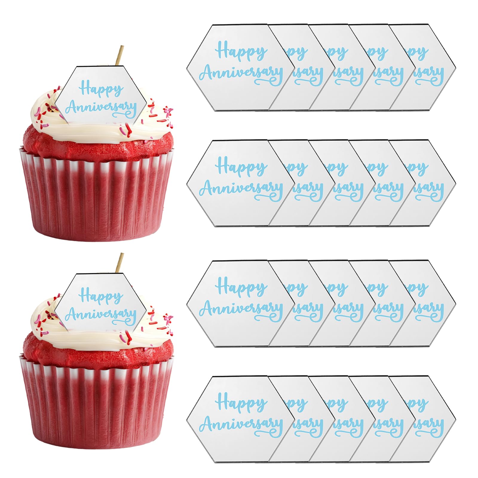 sourcing map 20Pcs Acrylic Mirror Cake Toppers, Happy Anniversary Cupcake Toppers Hexagon Shapes Laser Picks Dessert Decorations for Celebrating Party Wedding Shower, 059-Silver