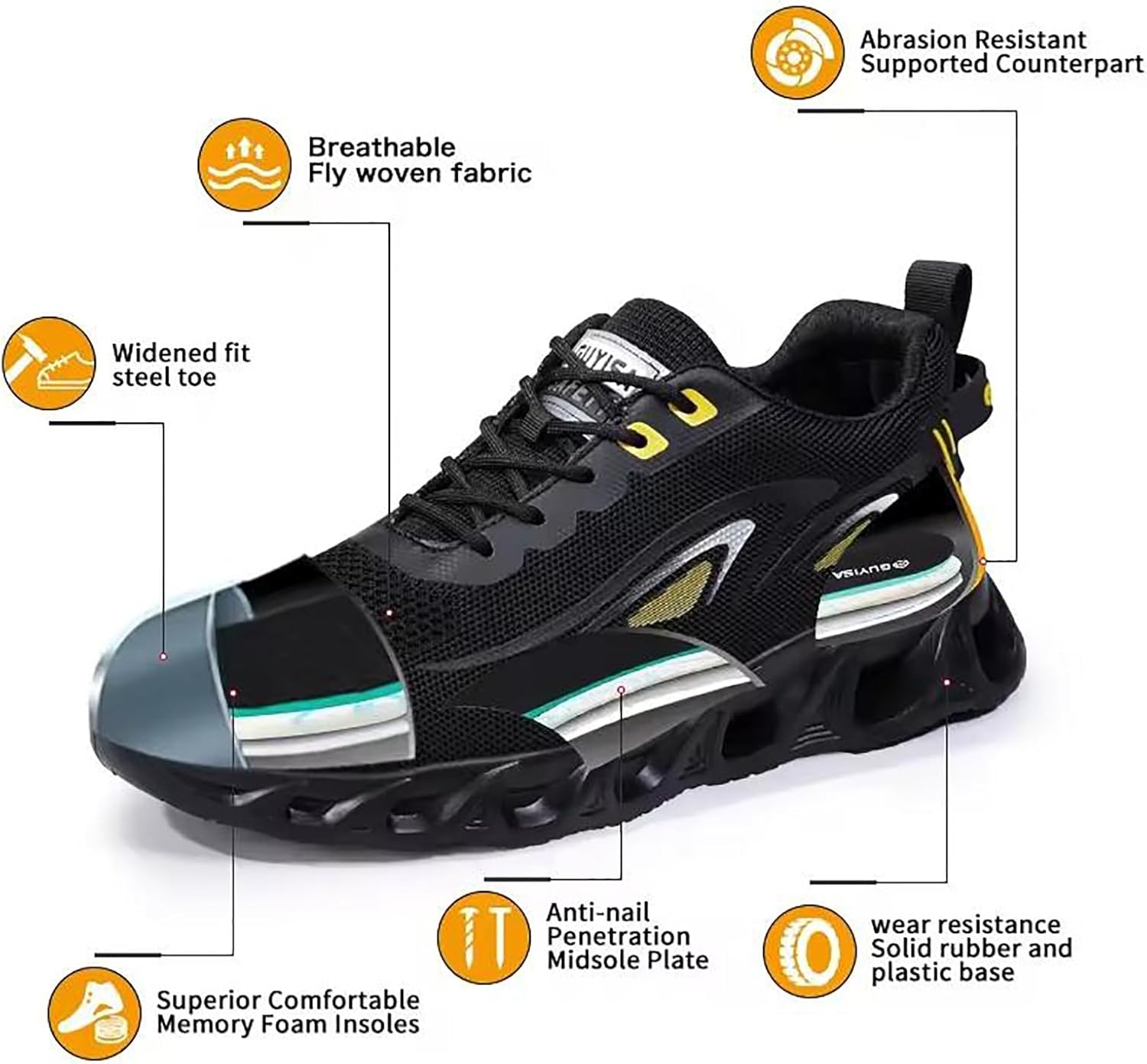 Men's Work Shoes, Safety Trainers Shoes, Anti-Smash and Anti-stab, Steel Toe Cap, Light and Breathable, Soft and Comfortable, 15KN Pressure Resistance,43,I