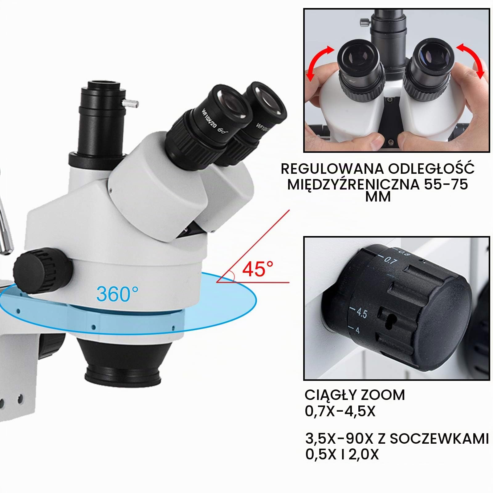 VEVOR mikroskop stereo 3,5 x 90 x, profesjonalny, 55-75 mm, z regulowanym ramieniem i zakresem ogniskowania 26:1