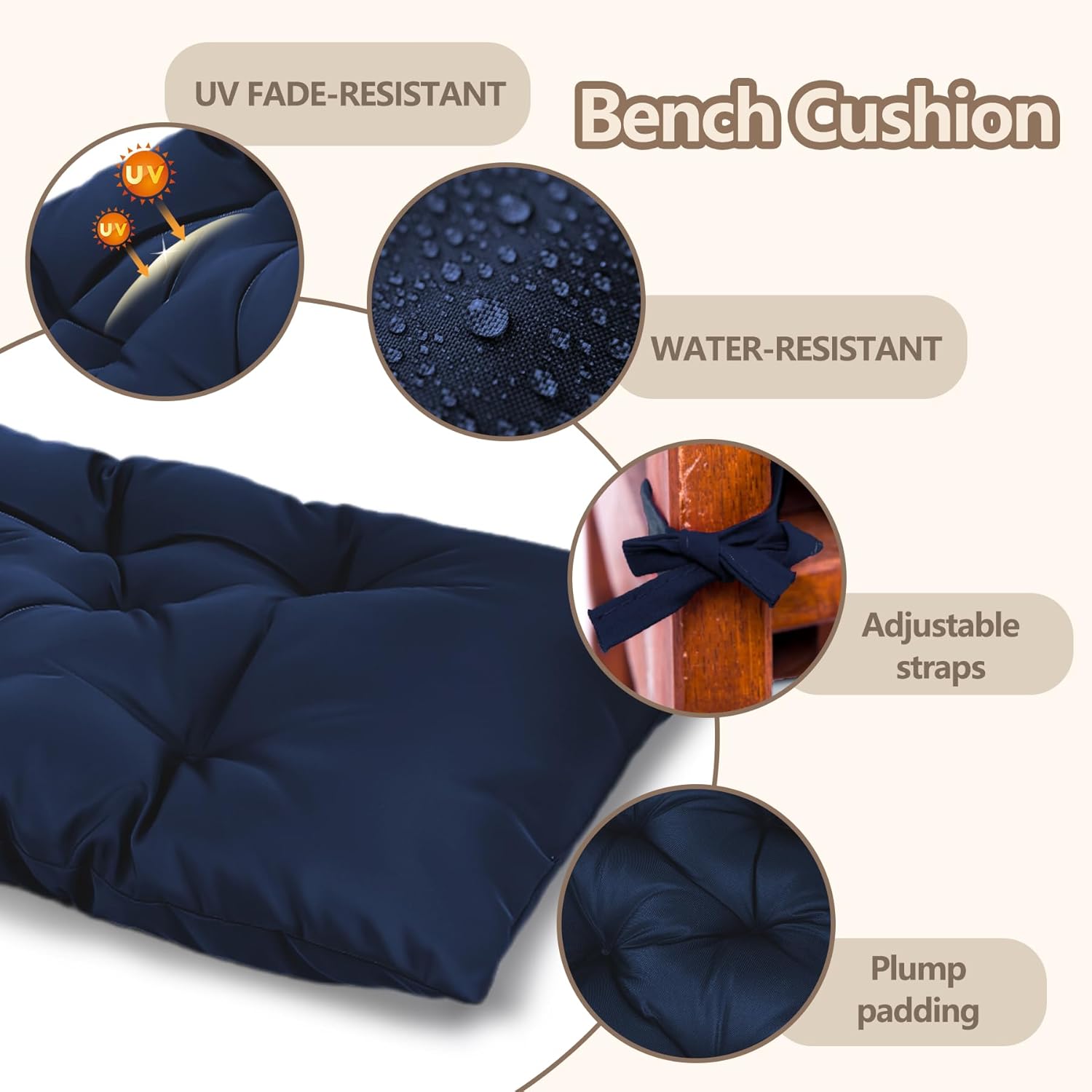 59 inch Waterproof Indoor/Outdoor Garden Bench Seat Cushions,Thicken Patio Bench Soft Rocking Chairs Pad Lounger Seat for Porch Wicker Loveseat Settee (59x19.6x3.9 inch,Navy