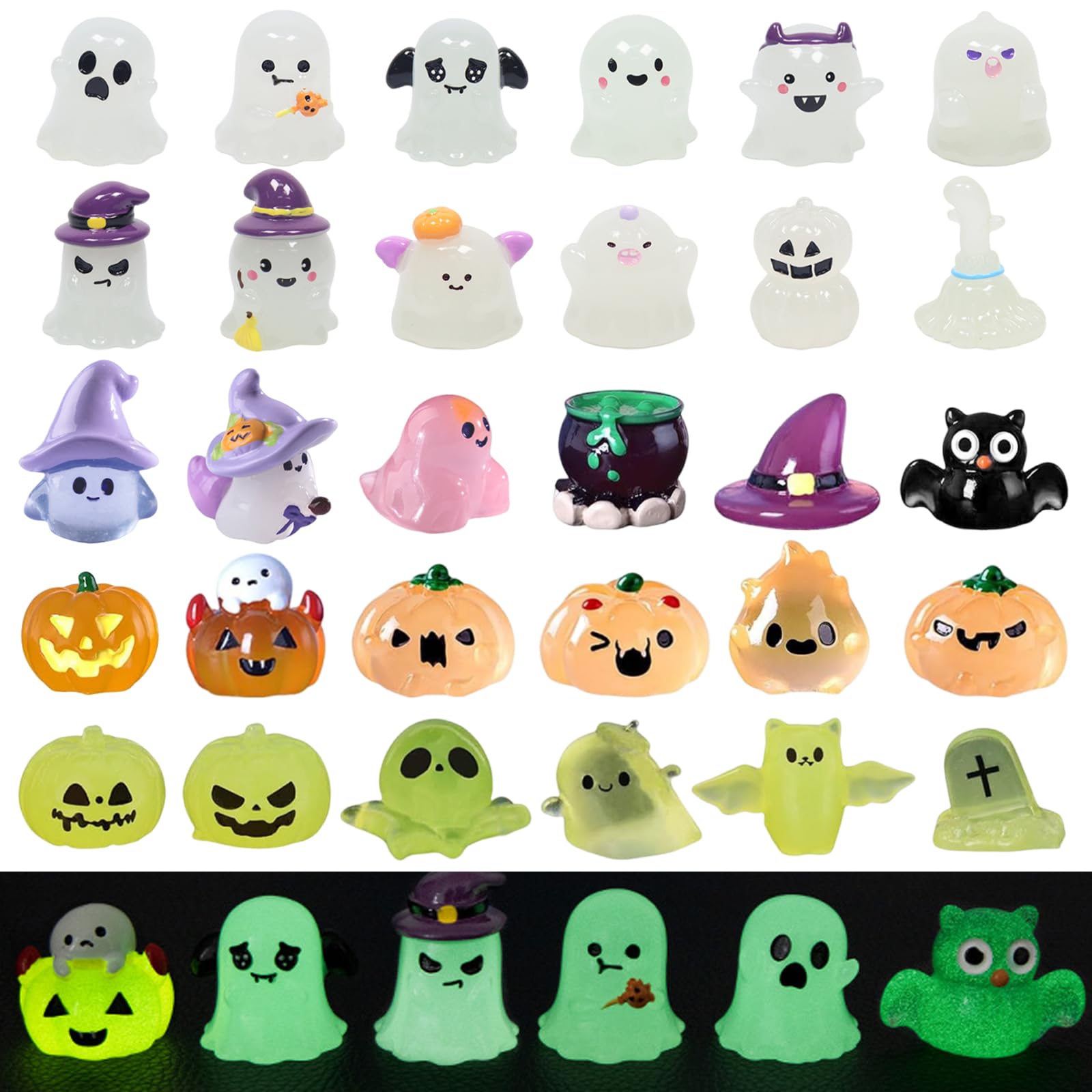 Booaee Świecące miniaturki na Halloween, 30 sztuk, świecące figurki na Halloween, świecąca dekoracja do użytku na zewnątrz, z nietoperzami, dynią, duchem, duchem, Halloween, dekoracja stołu, figurka