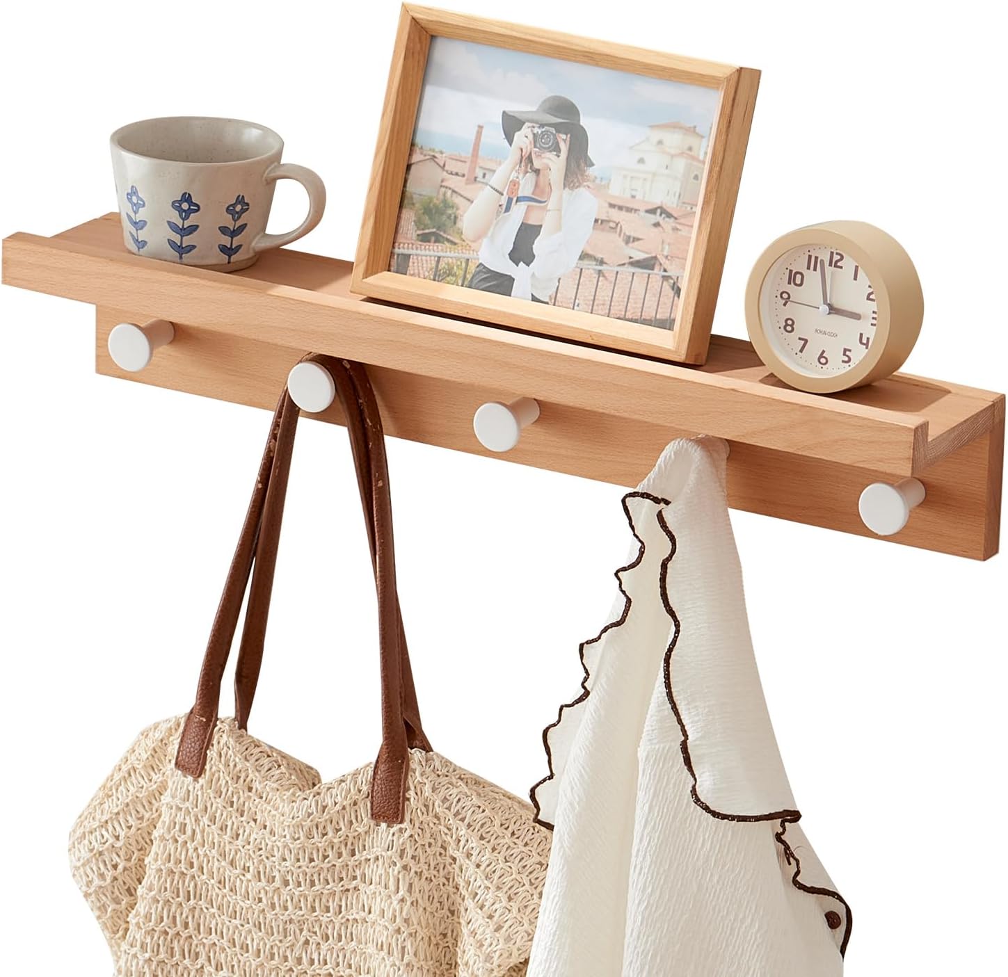 Wall Hooks with Shelf 24 inch, Beech Wood Entryway Wall with 5 Hooks, Floating Shelf Coat Rack for Bathroom, Living Room, Bedroom (24inch)