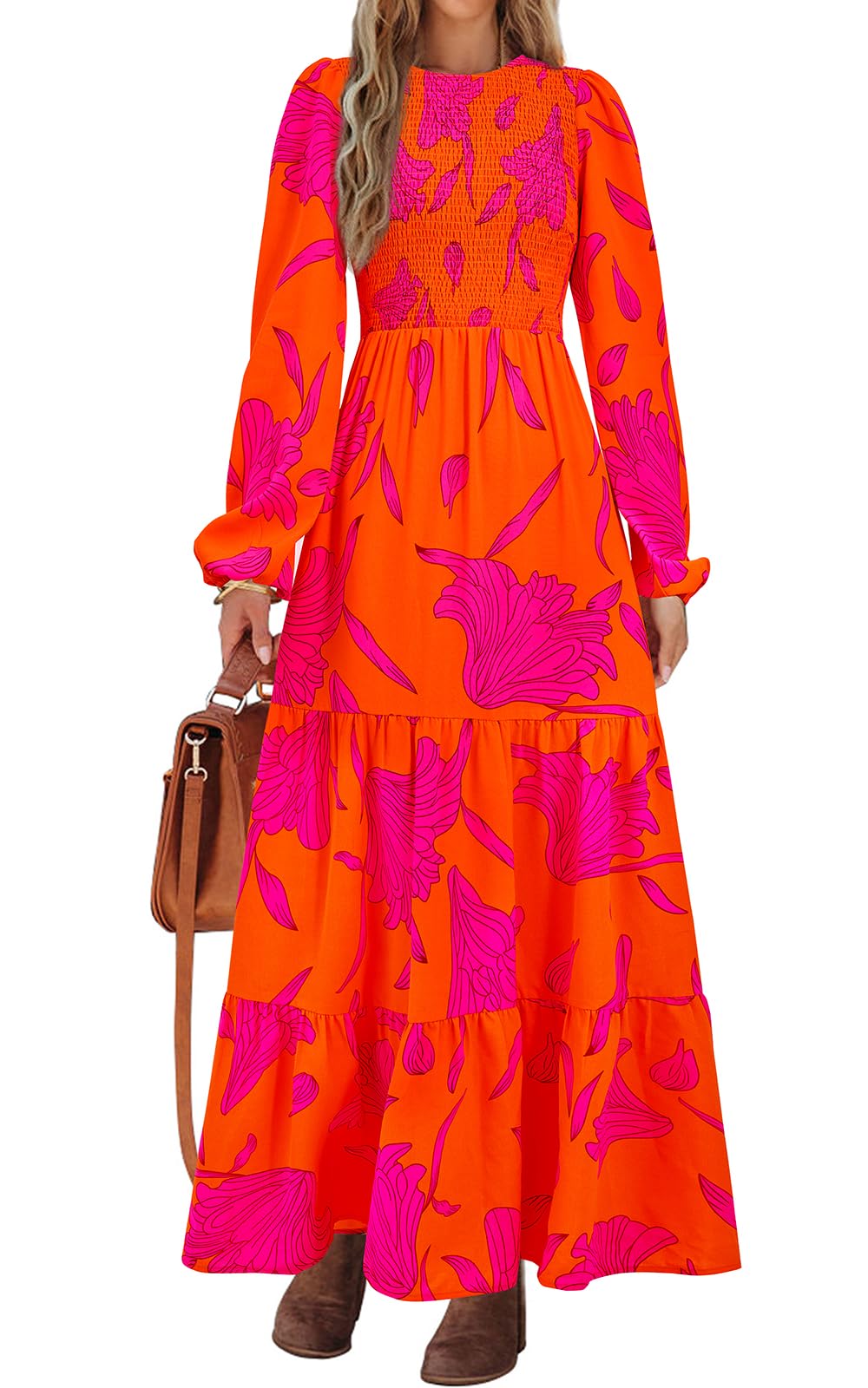 PRETTYGARDEN Women's Spring Dresses 2026 Long Sleeve Flowy Casual Floral Maxi Dress Crew Neck Smocked Tiered Long Dress, Orange Rose Red Flower, L