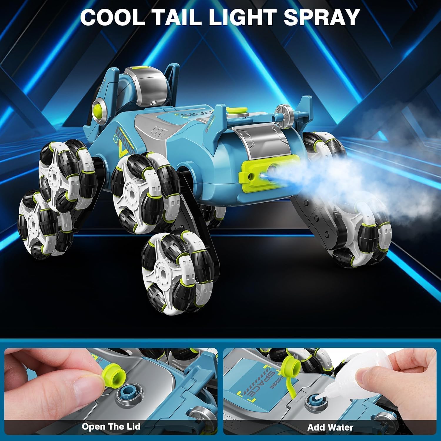 DD WORLD 8-Wheel RC Stunt Robot Dog — 2.4GHz Remote Control Pet Dog Toy with Drift Wheels, 360° Spins, LED Eyes, Cool Smoke Effect & Rechargeable Battery — Interactive Robotic Puppy for Kids 1