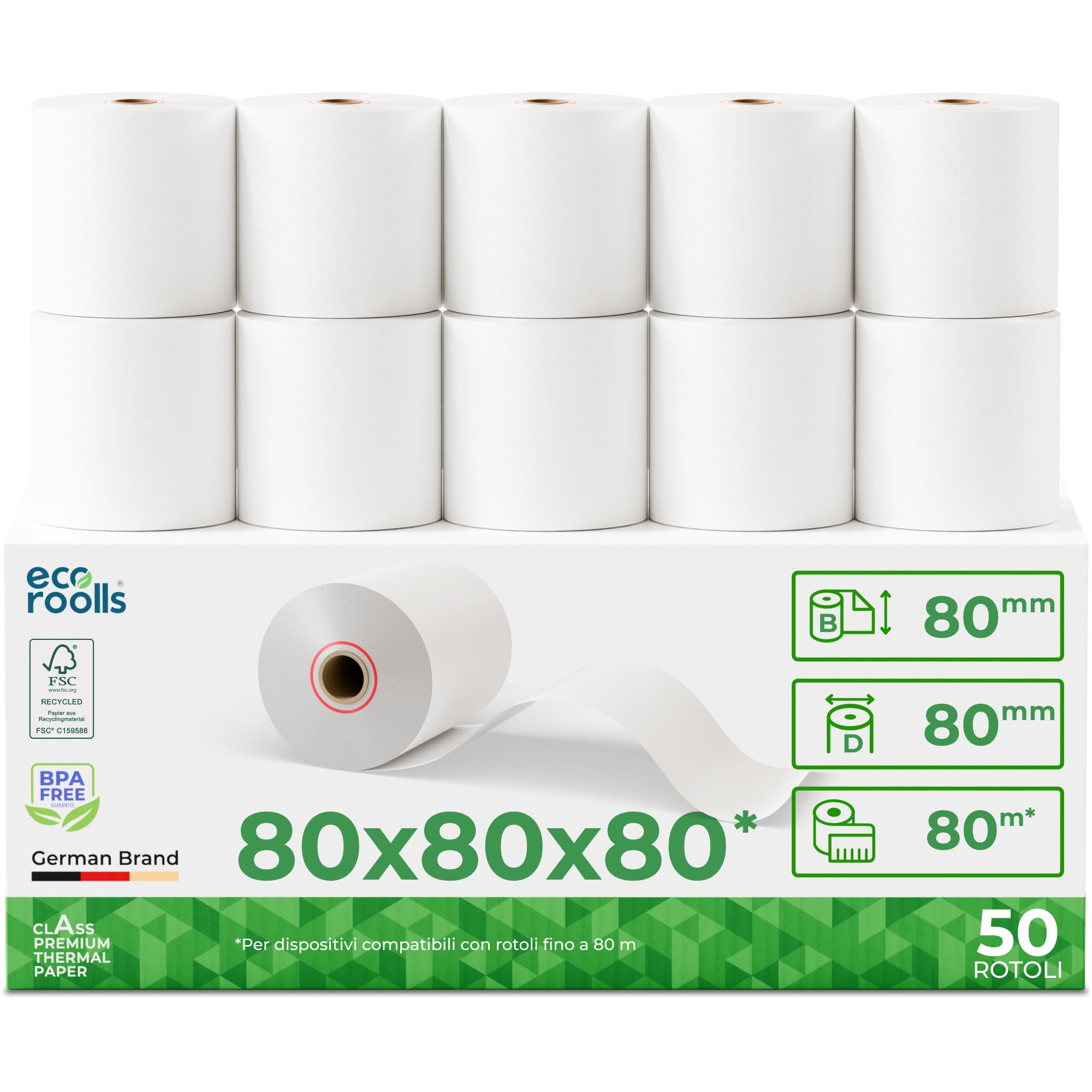 Rotoli Cassa 80x80 Termica Fiscale - Rotolo per stampante registratore di cassa fiscale 80mm x 80m x 12mm - Rotolini carta termica 80x80x12 - [50x]