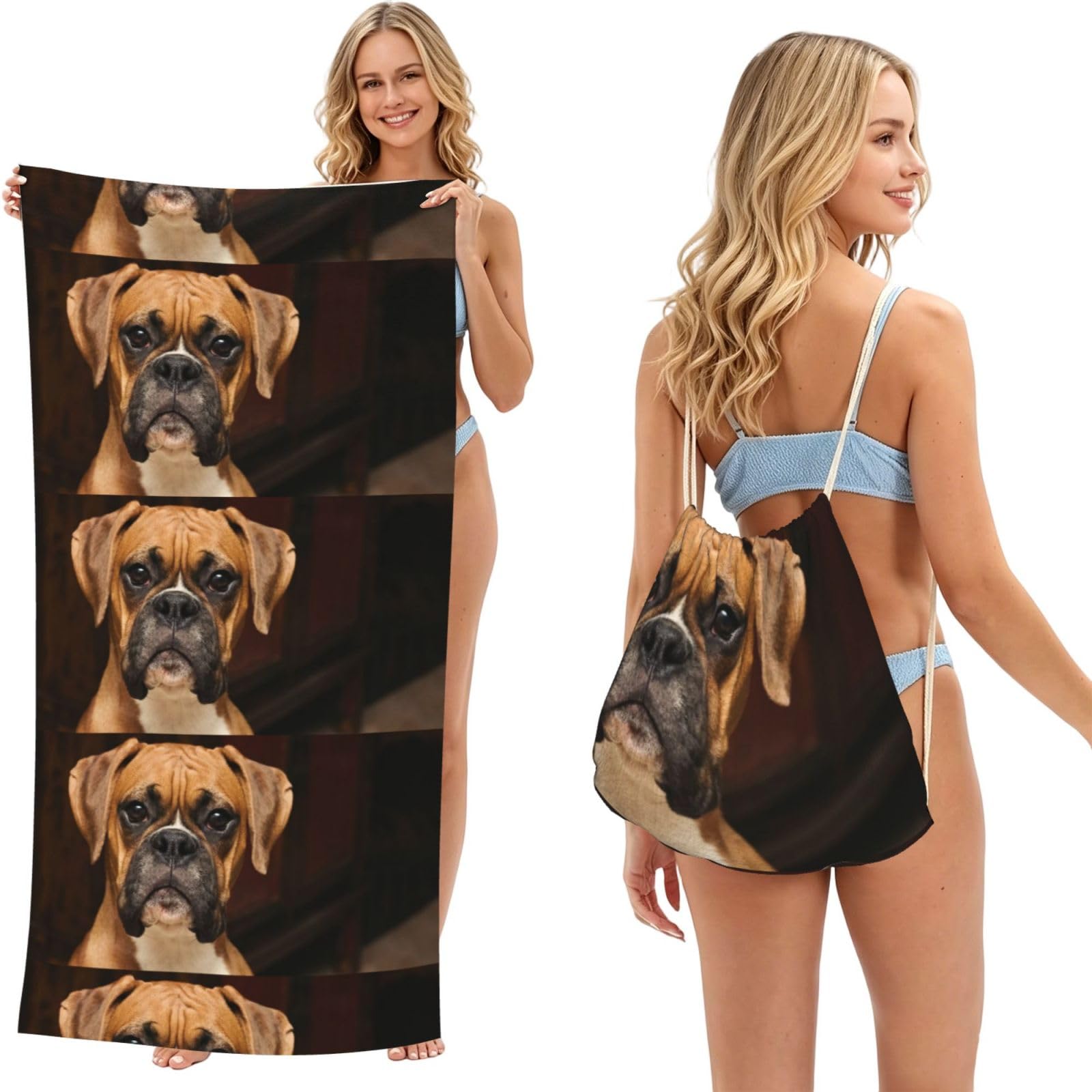 Poadnly As Picture Boxer Dog, 2 In 1 Packable Towel Bag, Beach Towels With Drawstring Backpack For Travel Holiday Camping