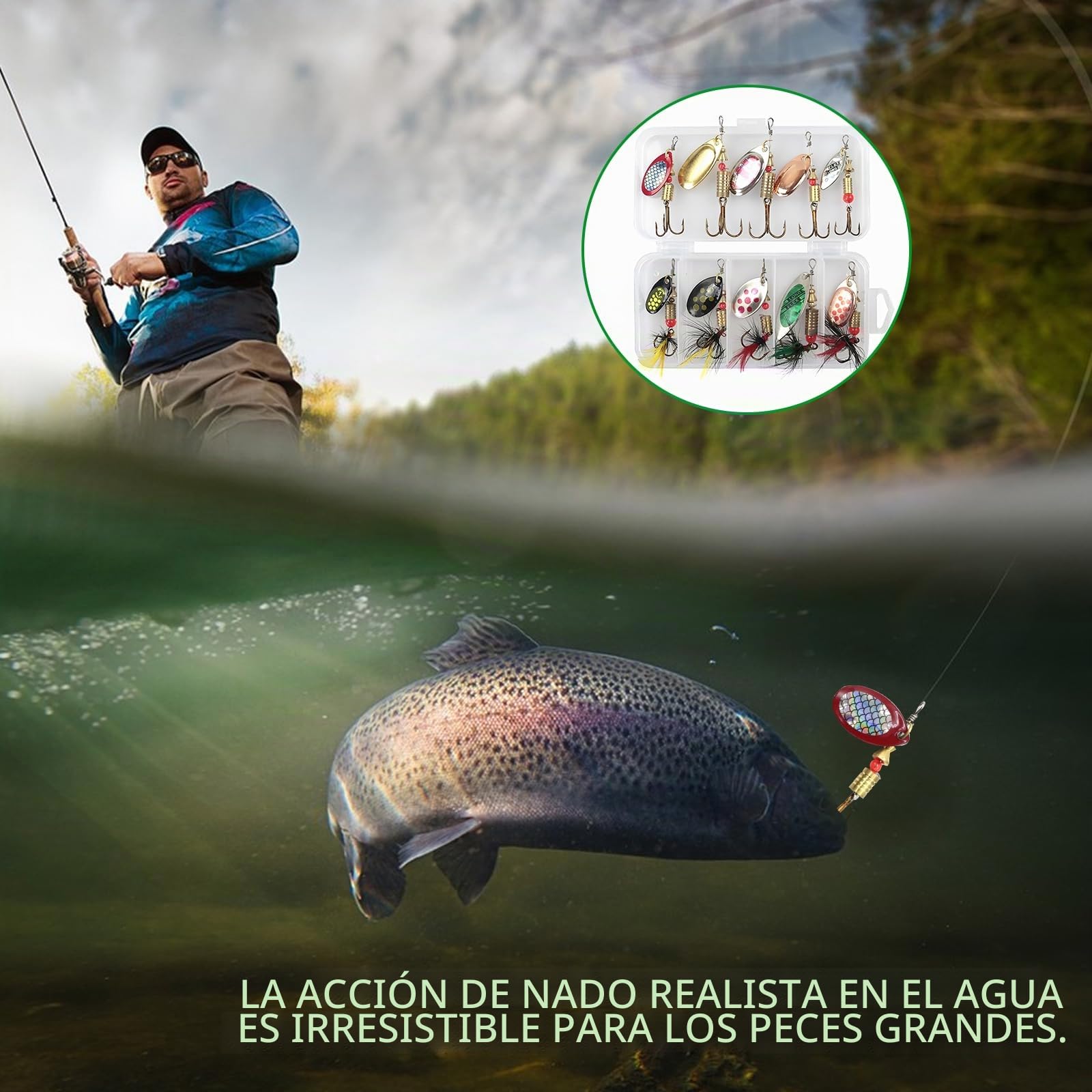 10 Piezas Señuelos de Pesca Kits de Señuelos Cucharillas Pesca Señuelos Pesca Artificiales Pesca Accesorios con Caja Tackle para la Trucha,Lucio Perca Trucha Pike Salmon Bass