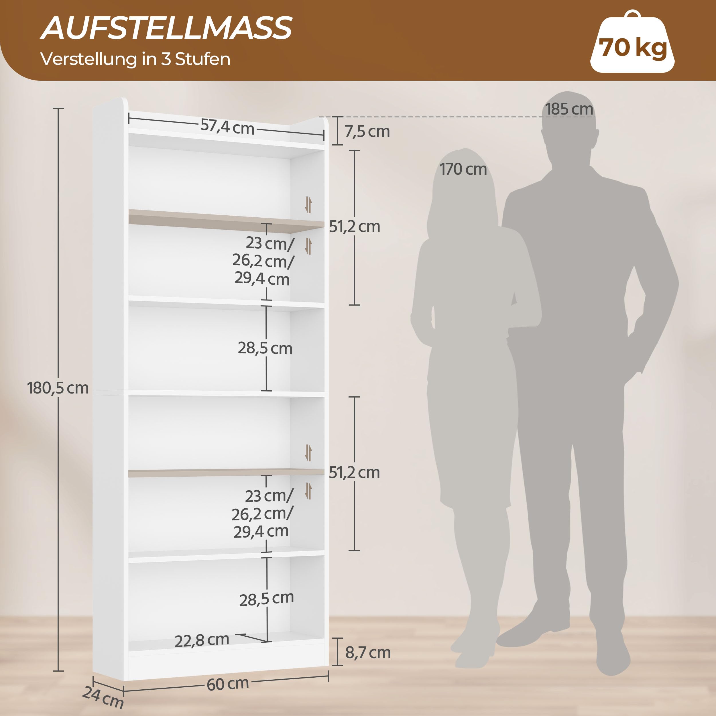 Yaheetech Bücherregal, 7 Fächern Bücherschrank mit Verstellbarer Regalboden, 180,5 cm H Standregal, offenes Aufbewahrungsregal für Wohnzimmer/Heimbüro/Arbeitszimmer, Weiß | Bücherschrank mit Verstellbarer Regalboden, offenes Aufbewahrungsregal für Wohnzim