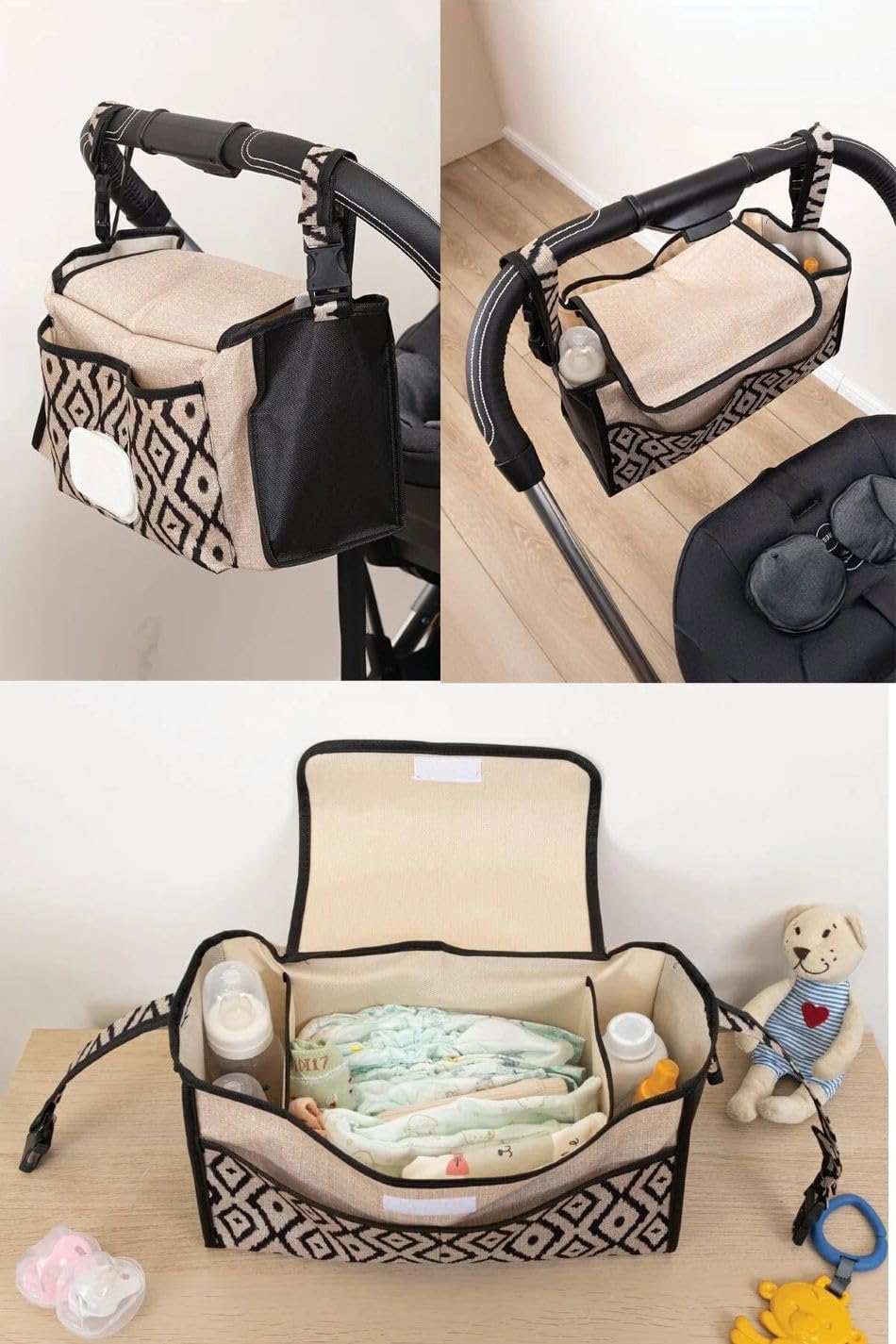 Orret Home Keçe Bebek Arabası Organizer Çantası, Arabası Kulpuna Takılabilir Fermuarlı Bölmeli Bebek Arabası Organizeri, Bebek Bakım Çantası