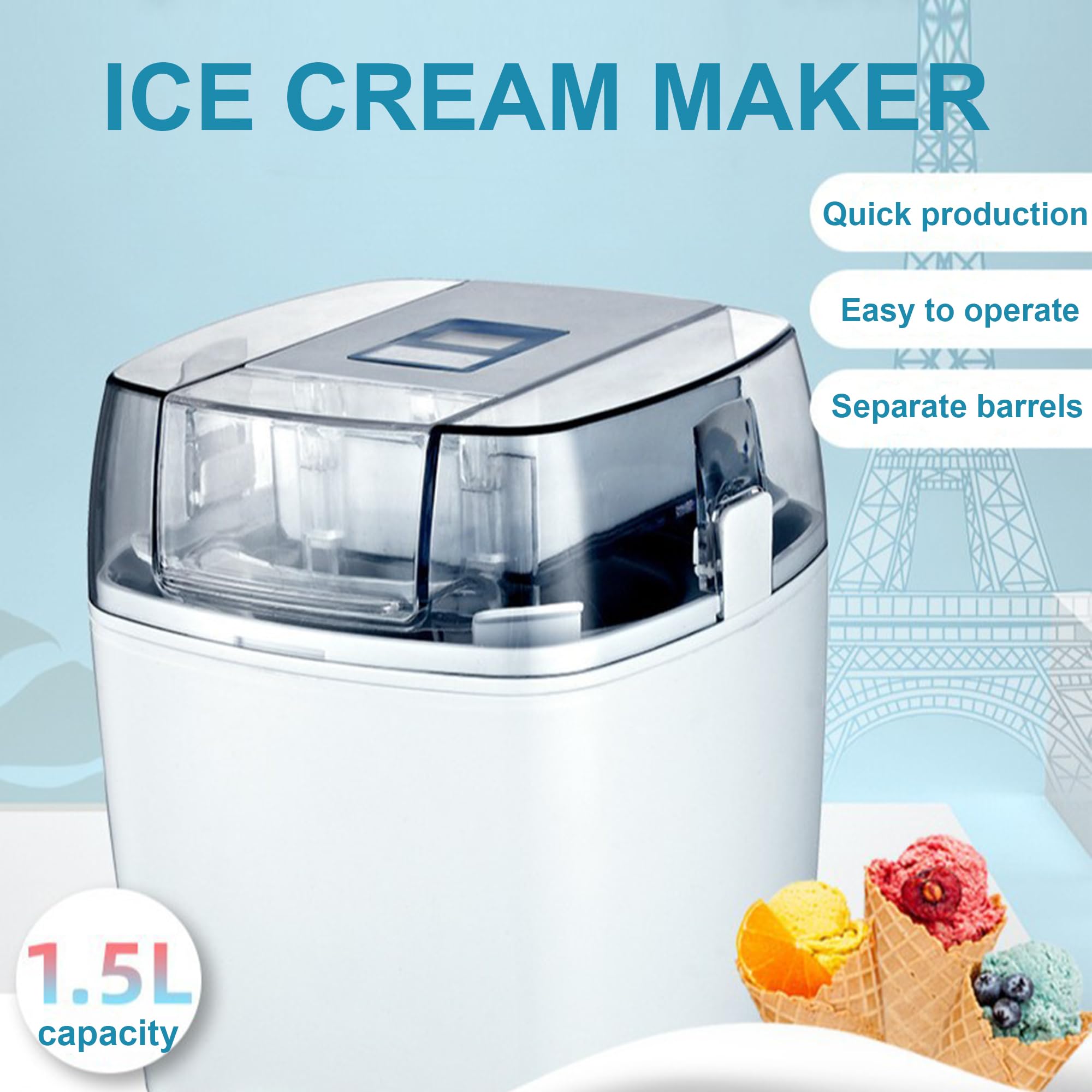 Eiscreme-Maschine, 1,5L Dessert-Maschine, Frozen Yoghurt Maker, 15 Minuten Quick Make, One Touch Adjustment, schnell EIS, Sorbet und Joghurt Machen