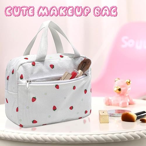 Miniatura 4 de CAMTOP Bolsa de maquillaje para mujeres y niñas, bolsa de cosméticos de pana para viaje, bolsa con cremallera, Pana Fresa