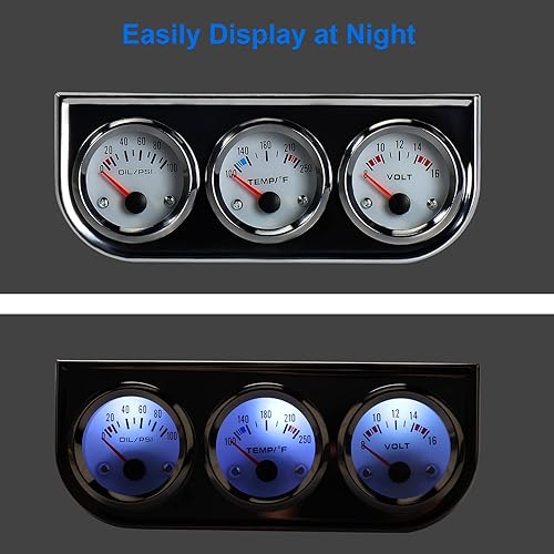 Miniatura 3 de WATERWICH Kit de medidor triple de 2 pulgadas, 2.047 in, medidor de temperatura del agua + medidor de presión de aceite + voltímetro 3 en 1 medidor