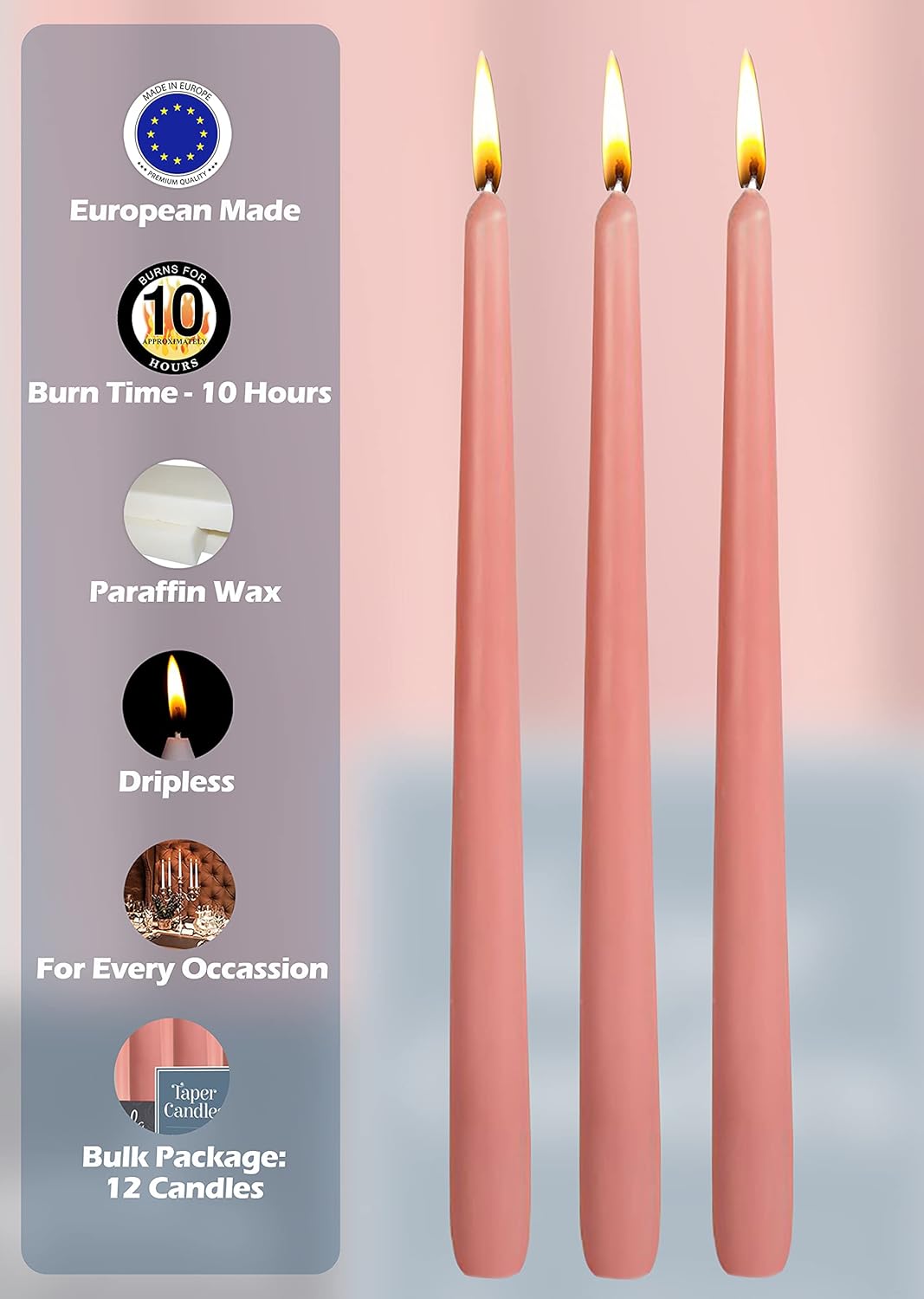 12 Pack Tall Taper Candles - 12 Inch Rose Pink Dripless, Unscented Dinner Candle - Paraffin Wax with Cotton Wicks - 10 Hour Burn Time : Home & Kitchen