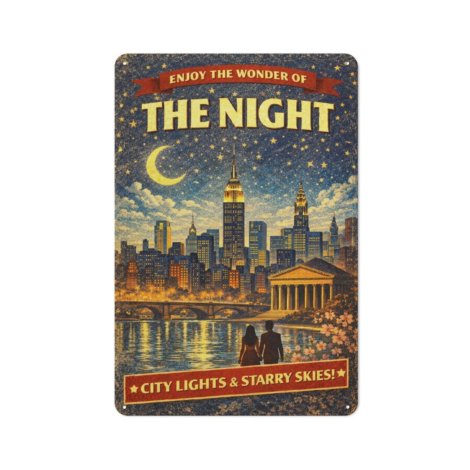 Junmoney Style-13 Smart New York City Nightscape With Couple Office Metal Sign 30X20cm, Creative Space Decor For Home Office, Reading Corner Or Bedroom