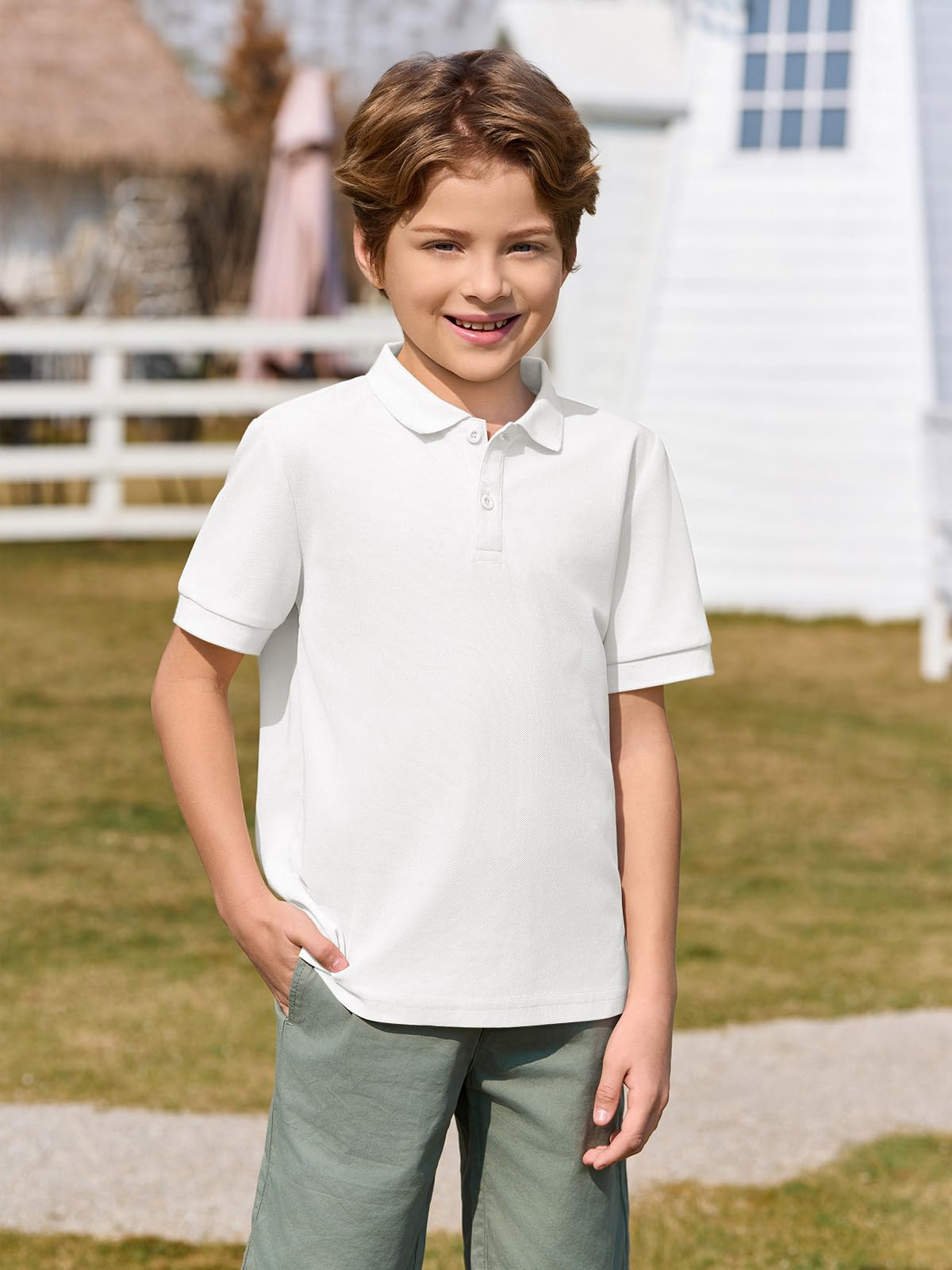 Haloumoning Polo de manga corta para niño, camiseta de verano para niños, monocolor, ligera, corte regular, camiseta deportiva, informal, básica, para 5-14 años — view 2