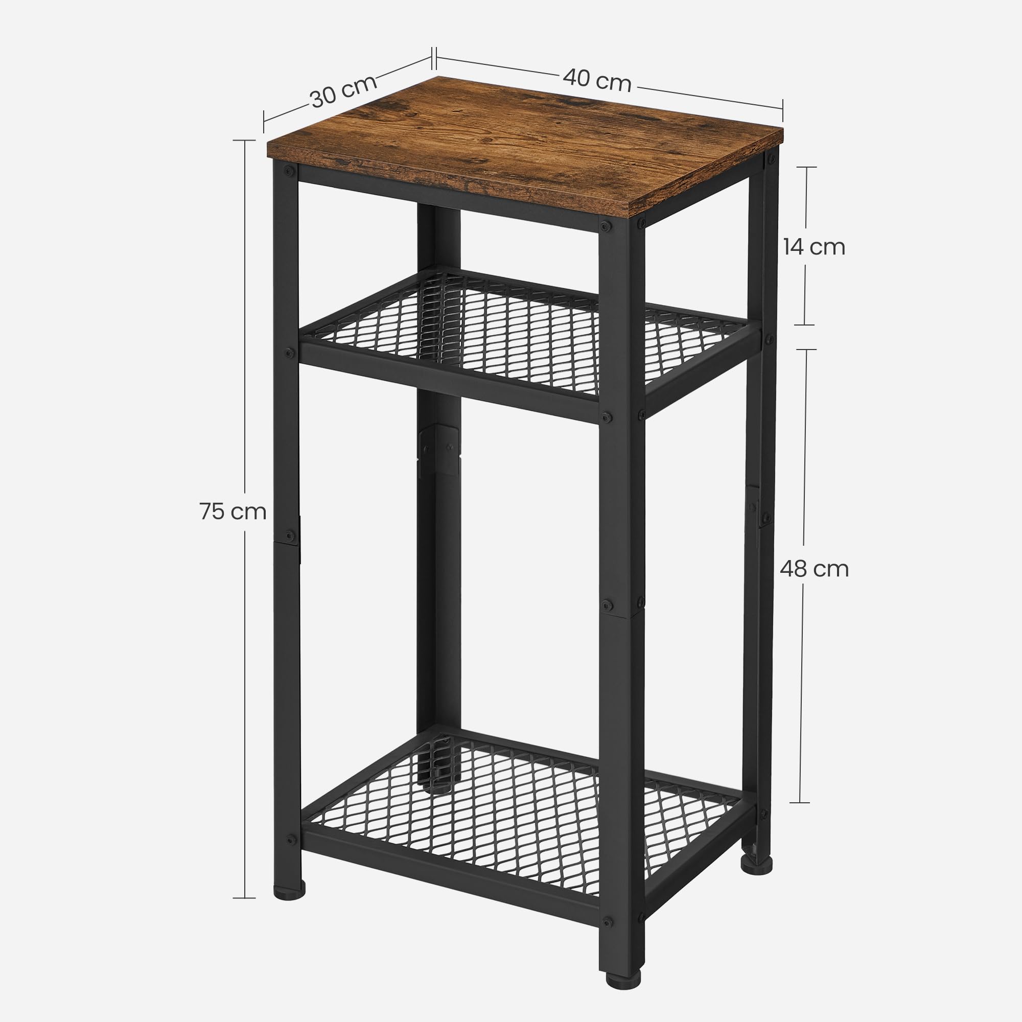 VASAGLE Table d'appoint, Table de Chevet, Bout de canapé, Table pour téléphone, avec 2 étagères en Treillis, pour Bureau, Couloir, Salon, Cadre en Acier, Marron Rustique et Noir LET75BX