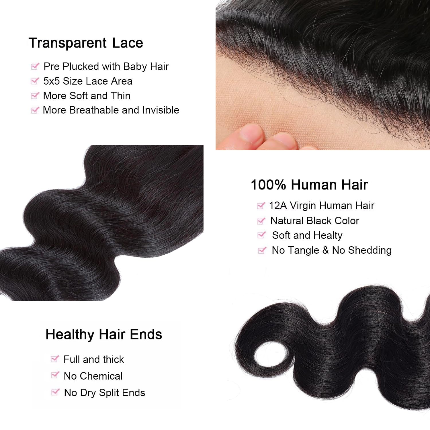 5x5 HD Lace Closure Body Wave lace Frontal Closure Ultra-thin Invisible Transparent Lace Closure Human Hair Pre-Plucked Brazilian Human Hair Closure Natural Color 18 Inch
