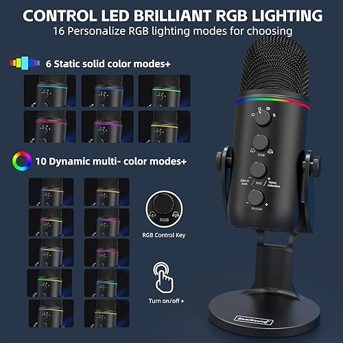 Miniatura 5 de ZealSound Micrófono USB para PC, 3 cápsulas, 4 patrones de pastilla, micrófonos de computadora de estudio con perilla de