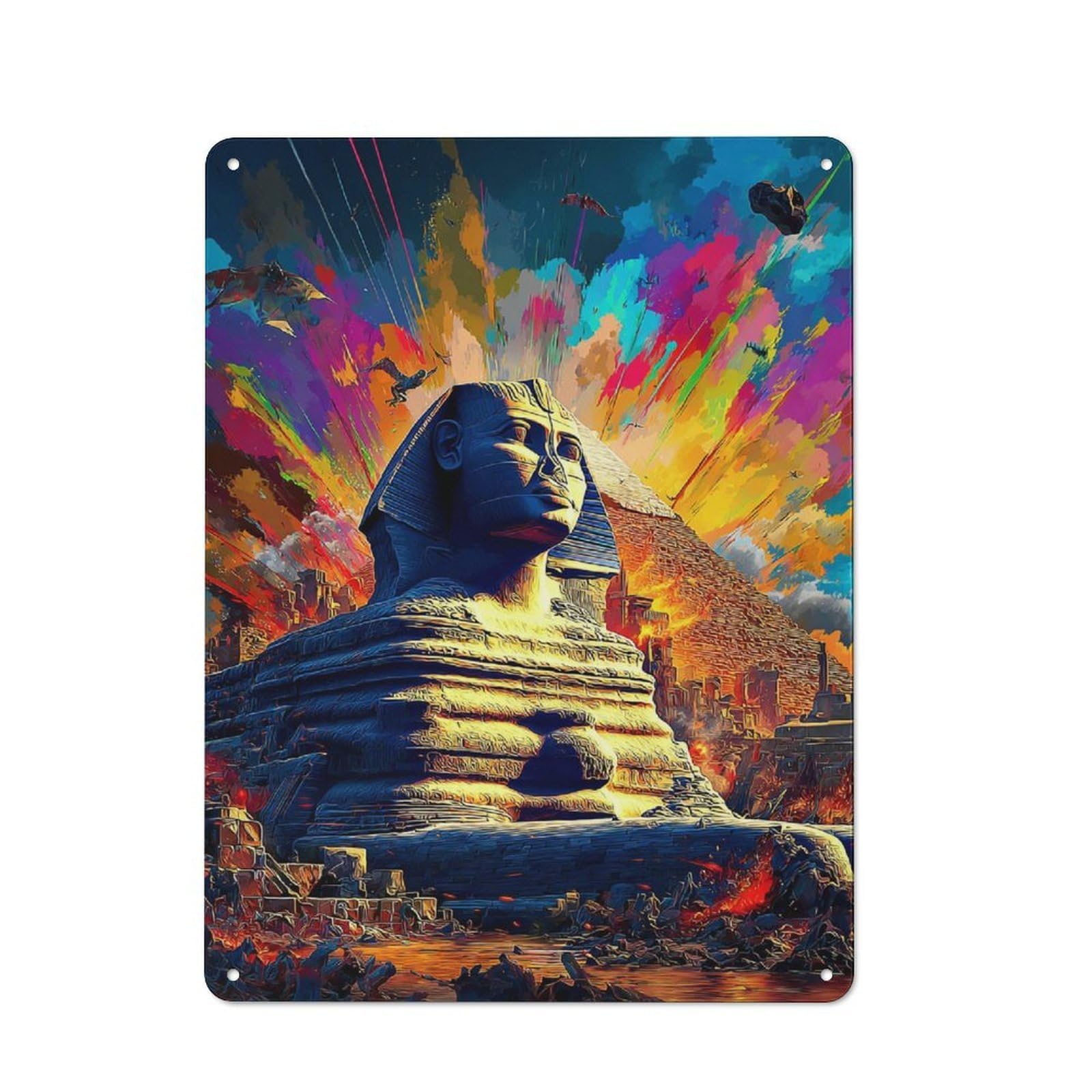 Junmoney Colorful Egyptian Sphinx Painting Rustic Tin Wall Plaque 40X30cm Featuring For Pub Or Café, A Decorative Christmas Gift For Café Interior Fans