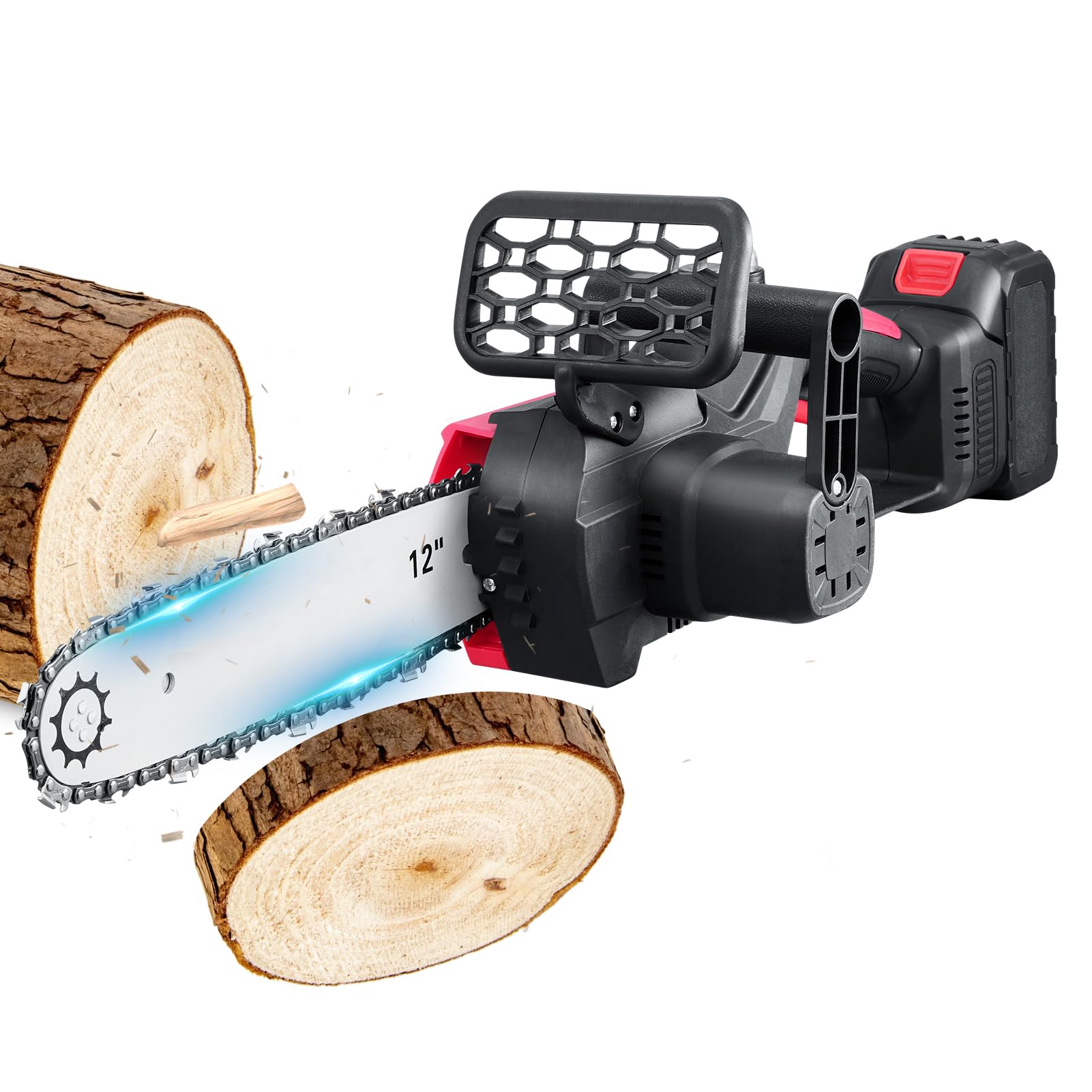 12-Inch Brushless Cordless Chainsaw, 2000W Electric Saw with 21V Battery & Auto Chain Lubrication, Lightweight Pruning Saw for Tree Trimming, Wood Cutting, 2 Chains Included, Red