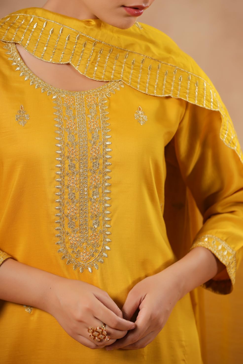 ishin Set da donna in poliestere seta etnica Zari senape dritto kurta con pantaloni e Dupatta
