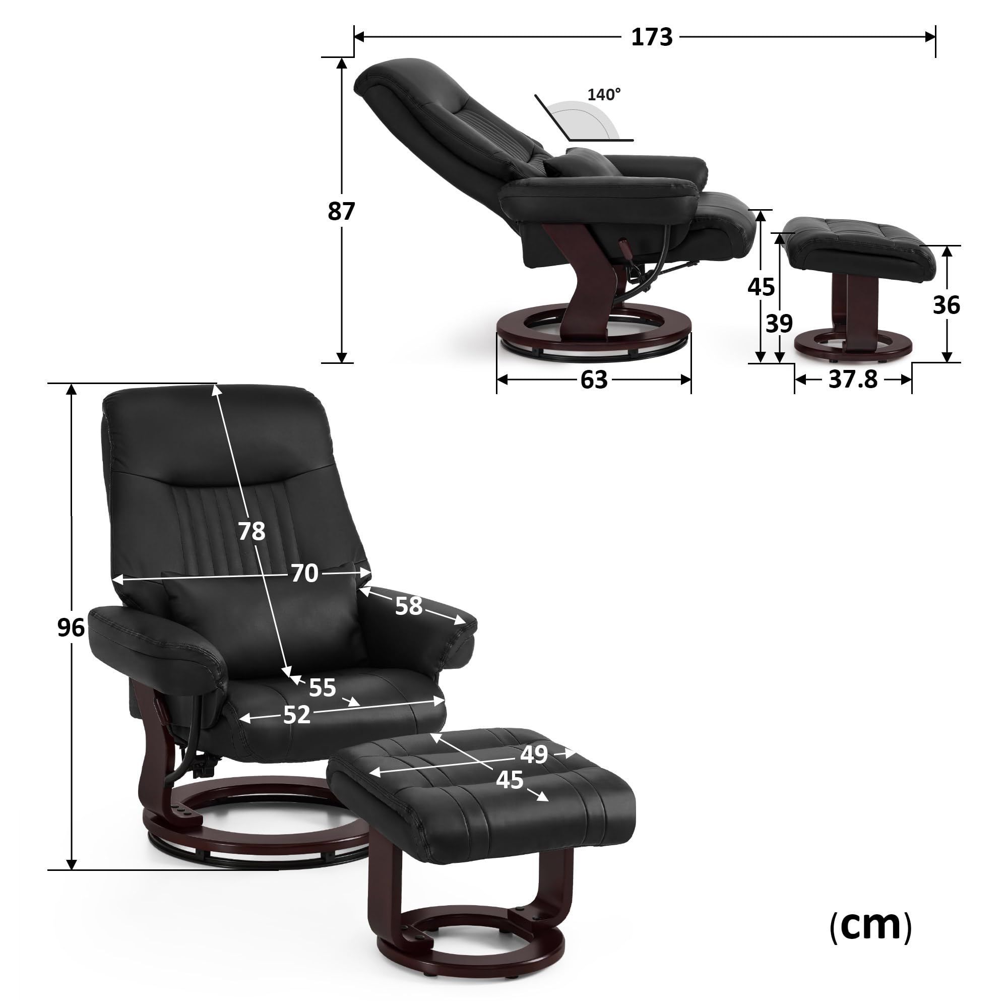 M MCombo Relaxsessel mit Liegefunktion, Lesesessel, 360° Drehbarer Fernsehsessel mit Hocker, mit Kissen & Seitentasche, bis 120 Kg Belastbarer TV-Sessel für Wohnzimmer, 9035 (Schwarz-Kunstleder)