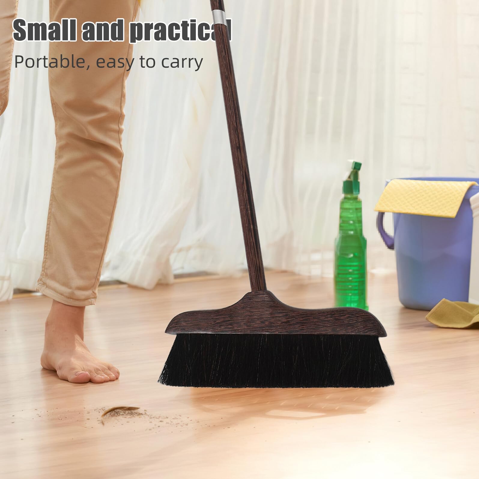 Juego de Escoba y Recogedor con Cerdas de Crin de Caballo Mango de Madera de ala de Pollo Color Madera Natural y Negro Escoba de Mano para Interiores Limpieza en Hogar y