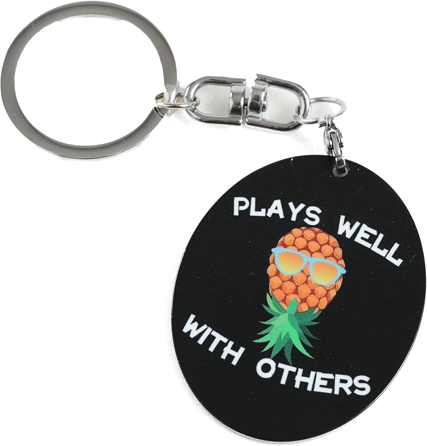 Plays Well with Others Upside Down Pineapple Keychain, Stainless Steel, Oval Pendant, Swinger Novelty Key Ring