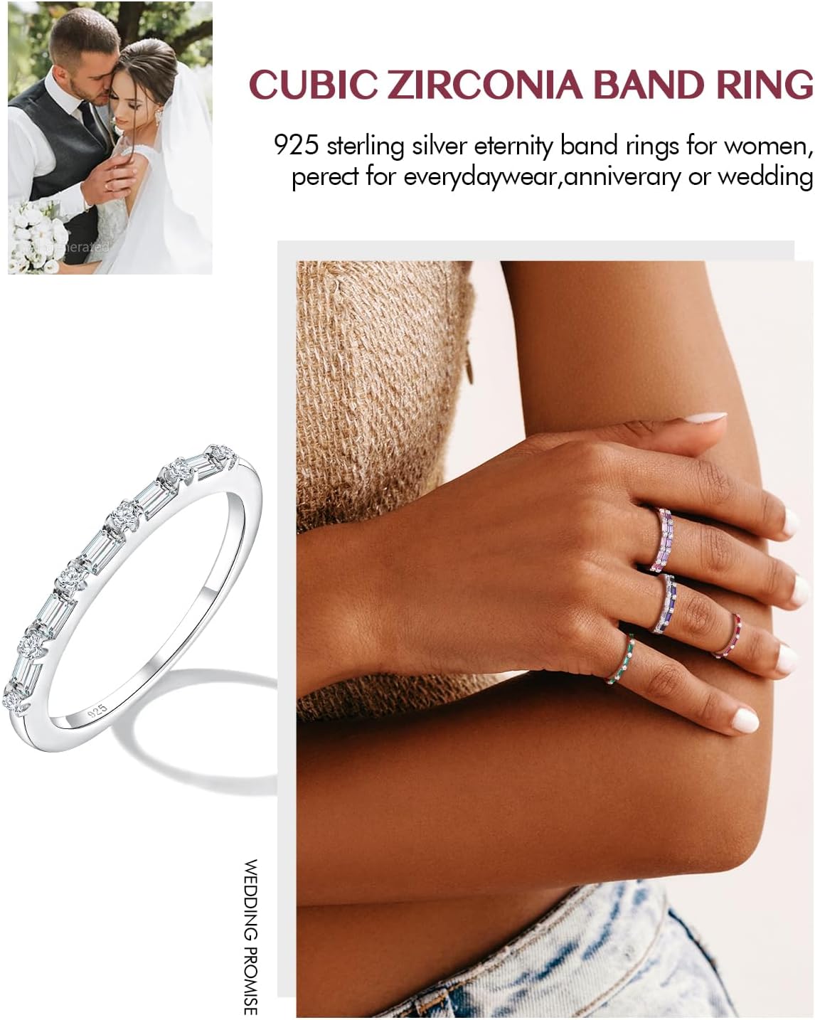 DAYBYDAY Thin Stackable Half Eternity Band Rings Sterling Silver Birthstone Rings for Women Created Gemstone Wedding Band Anniversary Ring Size 6 to 10