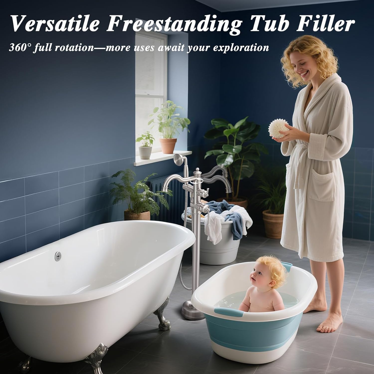 Free Standing Tub Faucet, Qinkell Classic Elegant Gooseneck Freestanding Bathtub Faucet with Sprayer Brass Luxury Floor Mount Bath Faucets High Flow Roman Tub Filler, Brushed Nickel (QC-202511BN) - Image 5