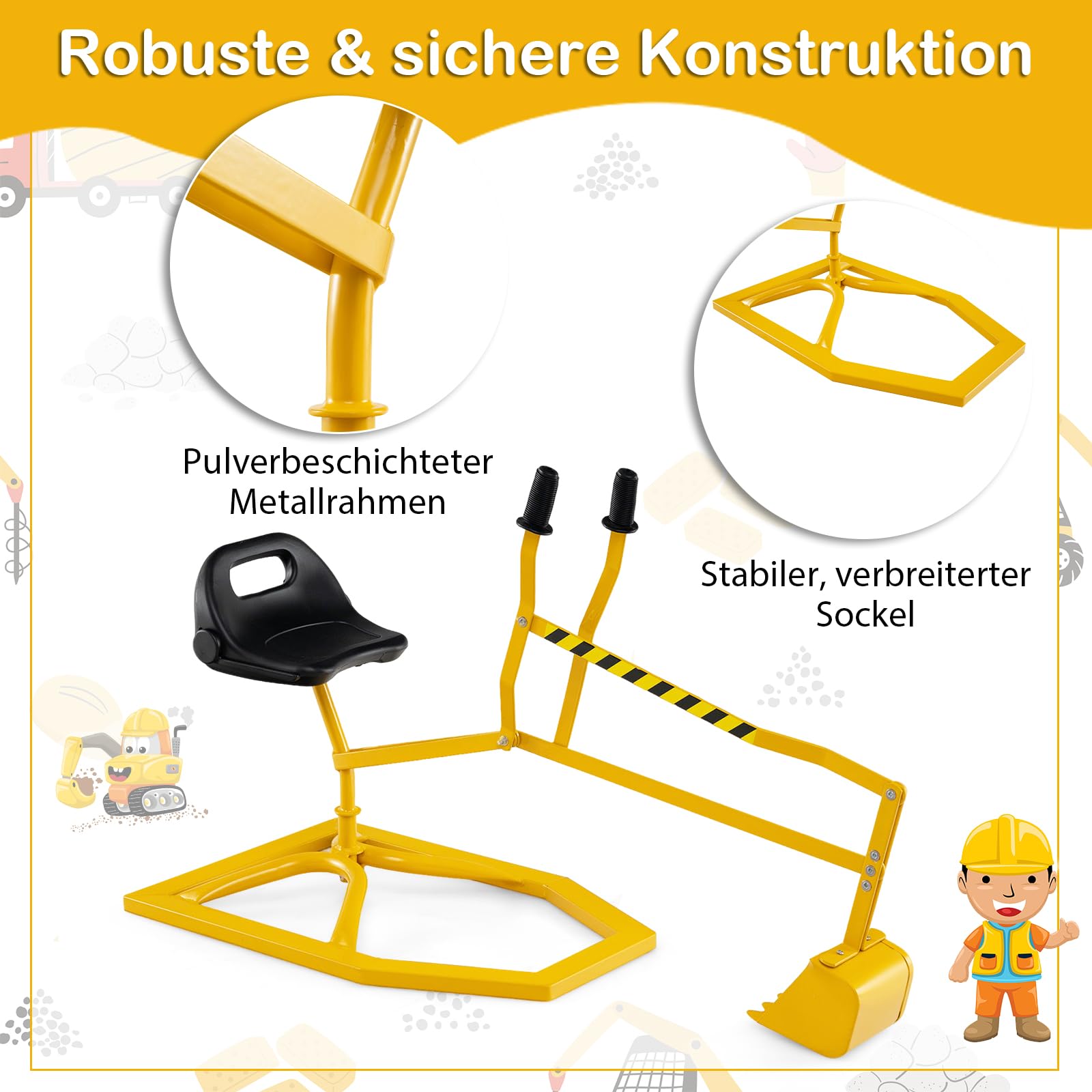 DREAMADE Kinder Bagger für Sandkasten, Metall-Aufsitzbagger mit 360° drehbarem Sitz, Flexibler Schaufel, für Erde, Schnee, Strand, Bagger zum draufsitzen für Kinder ab 3 Jahren (Gelb)