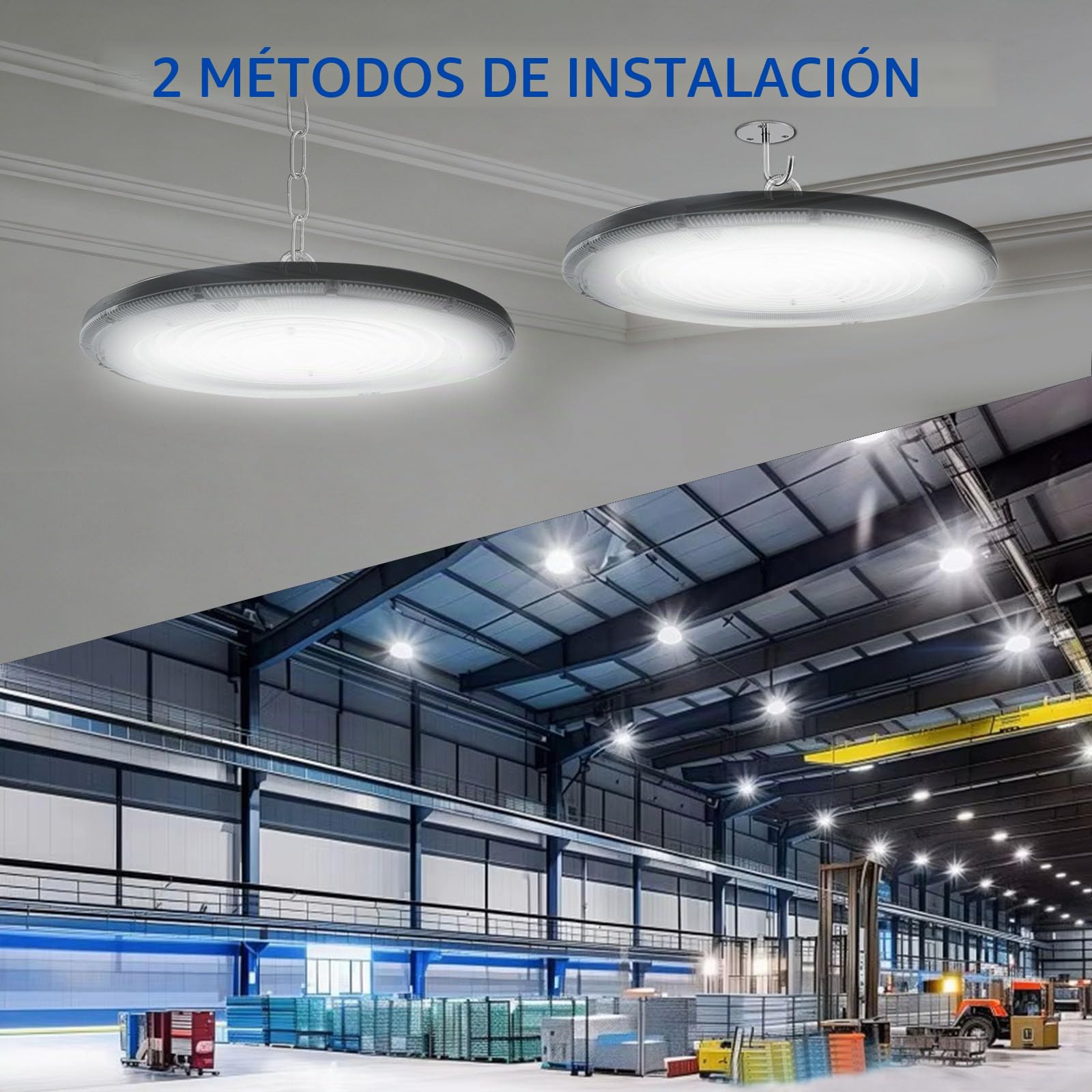 400W Naves Industriales LED, 6500K UFO Lámpara de Alta Bahía con cadena, IP65 resistente Foco de Techo Industrial, Iluminación Comercial para fábricas, garajes y almacenes