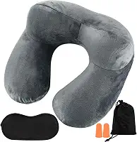 1 travesseiro inflável de viagem para avião dormindo, travesseiro de pescoço inflável para viagem, travesseiro inflável de pescoço para viagem de aviões dormindo, trem, carro, escritório, com máscaras