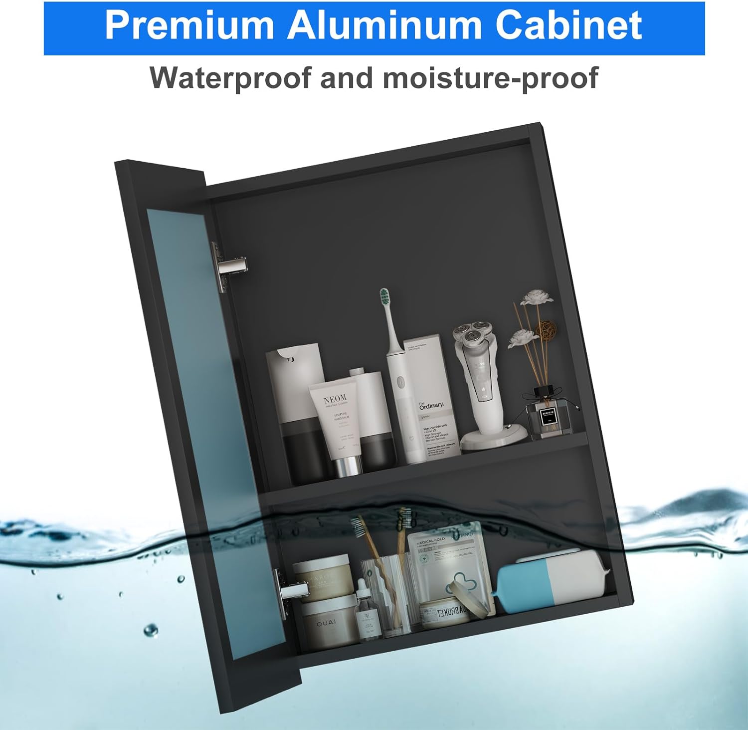 JBLCC Medicine Cabinet with Mirror, 24''x32'' Aluminum Bathroom Mirror with Storage Fully-Assembled, Rustproof & Moistureproof Lightweight Wall Mounted or Recessed Medicine Cabinet Mirror, Black