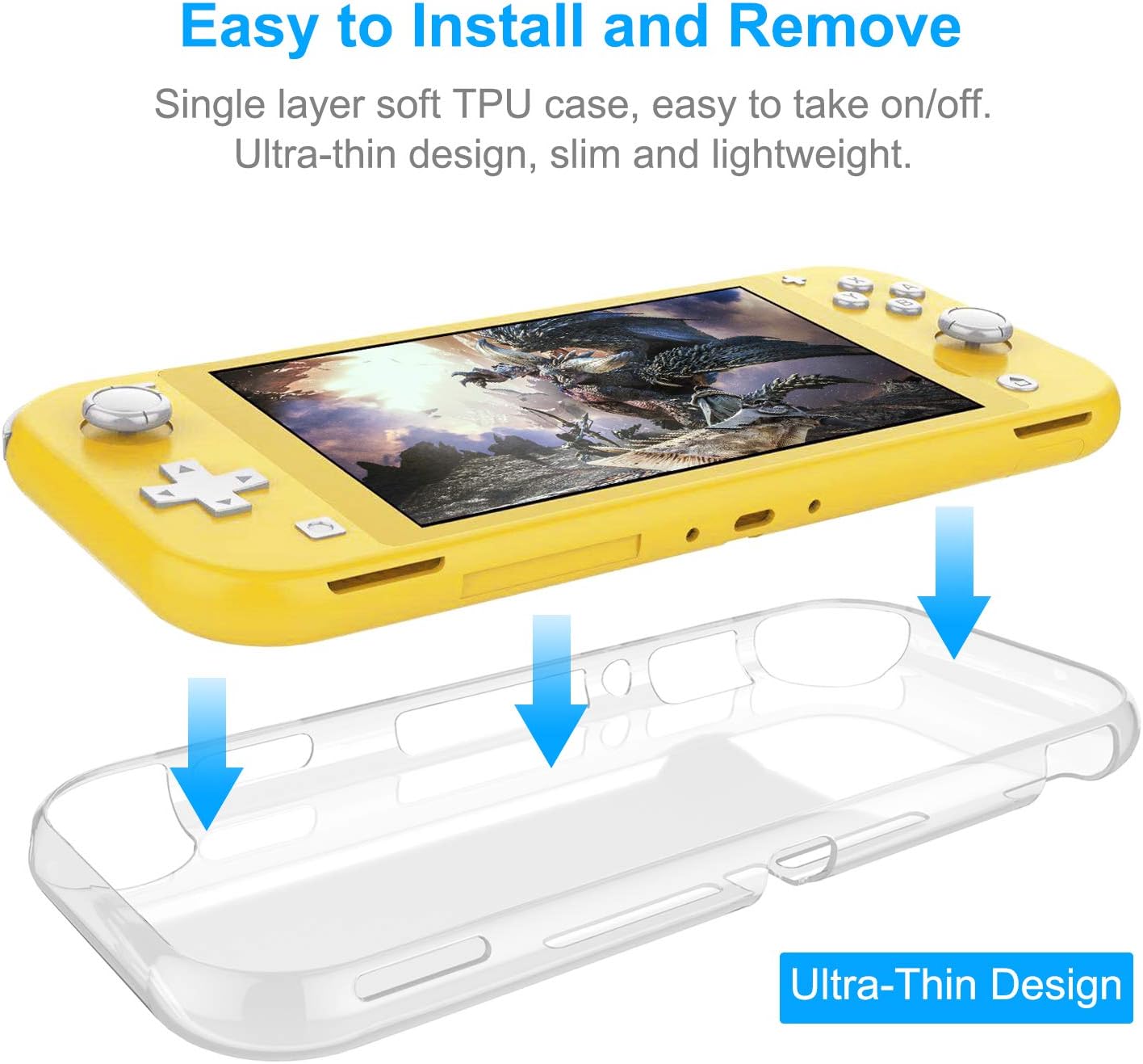 Klipdasse Accessories Kit Compatible with Switch Lite, Bundle with Carrying Case, TPU Protective Cover, Screen Protector and Thumb Grips, Yellow (Not for Regular Switch)