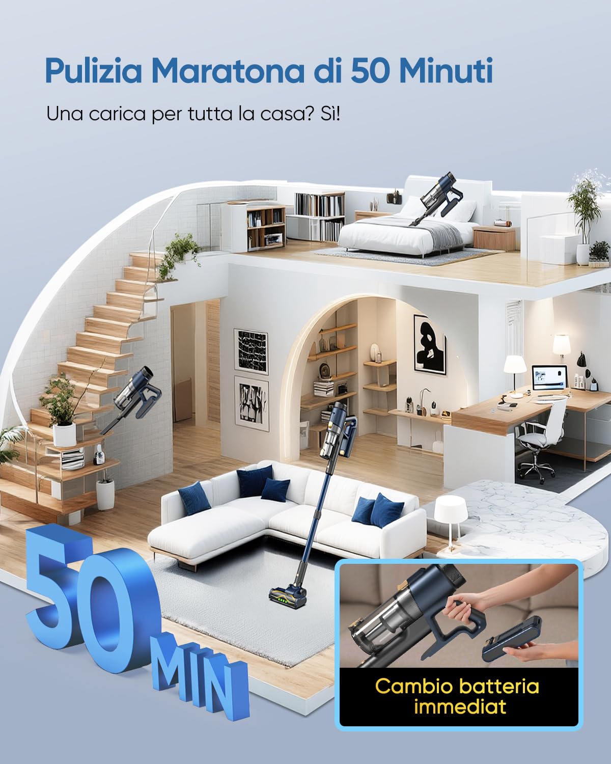 Vexilar V12 Aspirapolvere Senza Fili Potente,58000Pa/ 50Min Aspirapolvere Lavapavimenti Scopa Elettrica Senza Fili Antigroviglio,Ultraleggero,Aspirapolvere Senza Sacco per Pavimenti/Tappeti/Peli