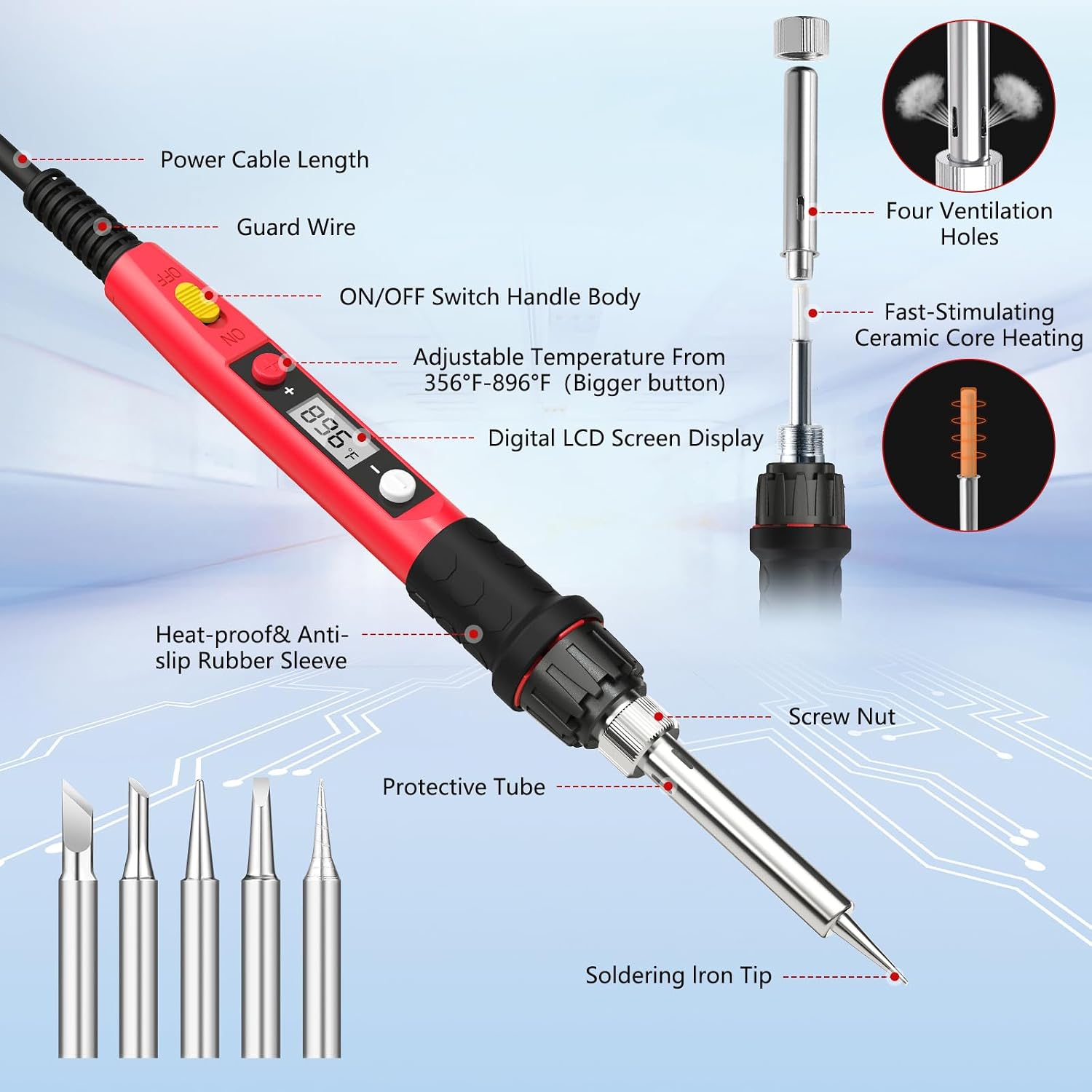 Soldering Iron Kit, 80W 110V LCD Digital Solder Irons, Portable Welding Tools with Ceramic Heater, Accurate 356°F-896°F, for Metal, Jewelry Electrical Repairs, DIY image 2