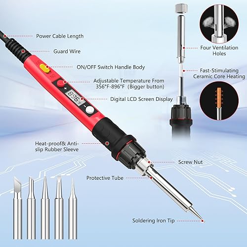 Miniatura 2 de Kit de soldador, soldadores digitales LCD de 80 W 110 V, herramientas de soldadura portátiles con calentador de cerámica, preciso 356°F-896°F